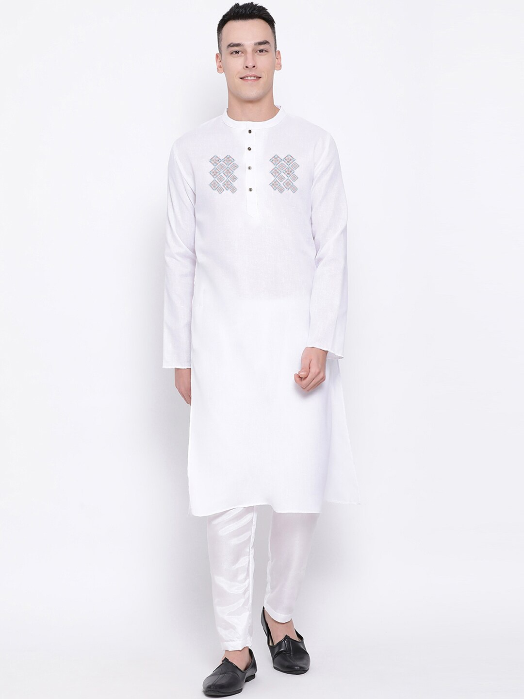 

DEVOILER Ethnic Motifs Printed Mandarin Collar White Romance Straight Kurta With Pyjamas