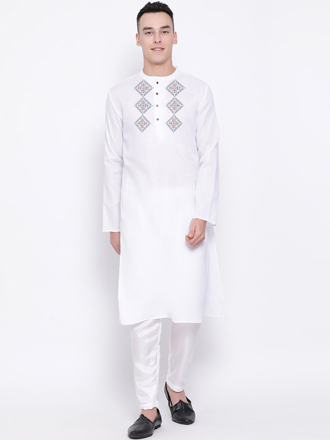 

DEVOILER Ethnic Motifs Printed Band Collar Straight Kurta with Pyjamas, White