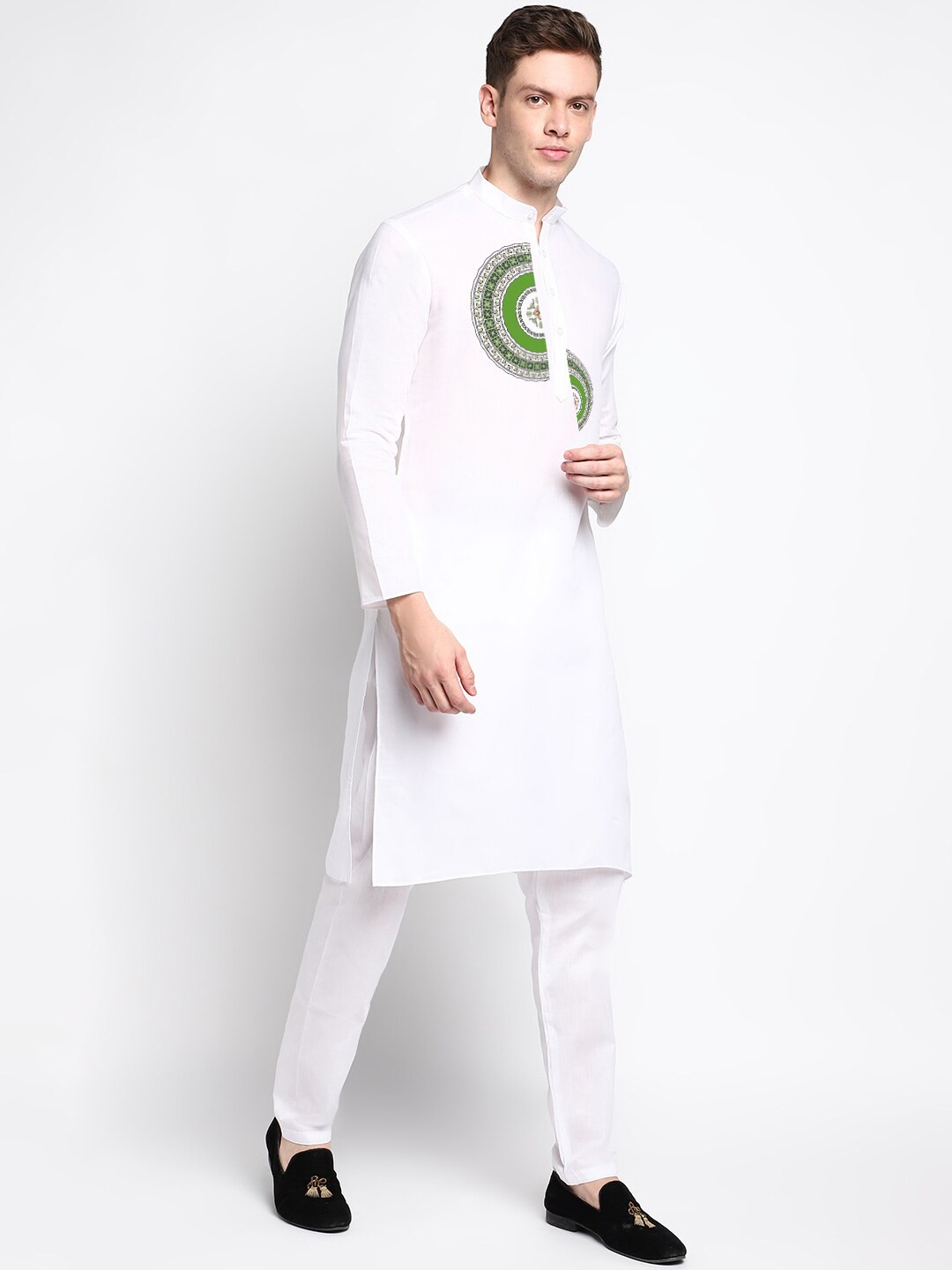 

DEVOILER Ethnic Motifs Printed Band Collar Straight Kurta with Pyjamas, White
