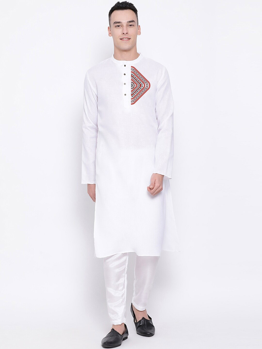 

DEVOILER Ethnic Motifs Printed Band Collar Straight Kurta With Pyjama, White