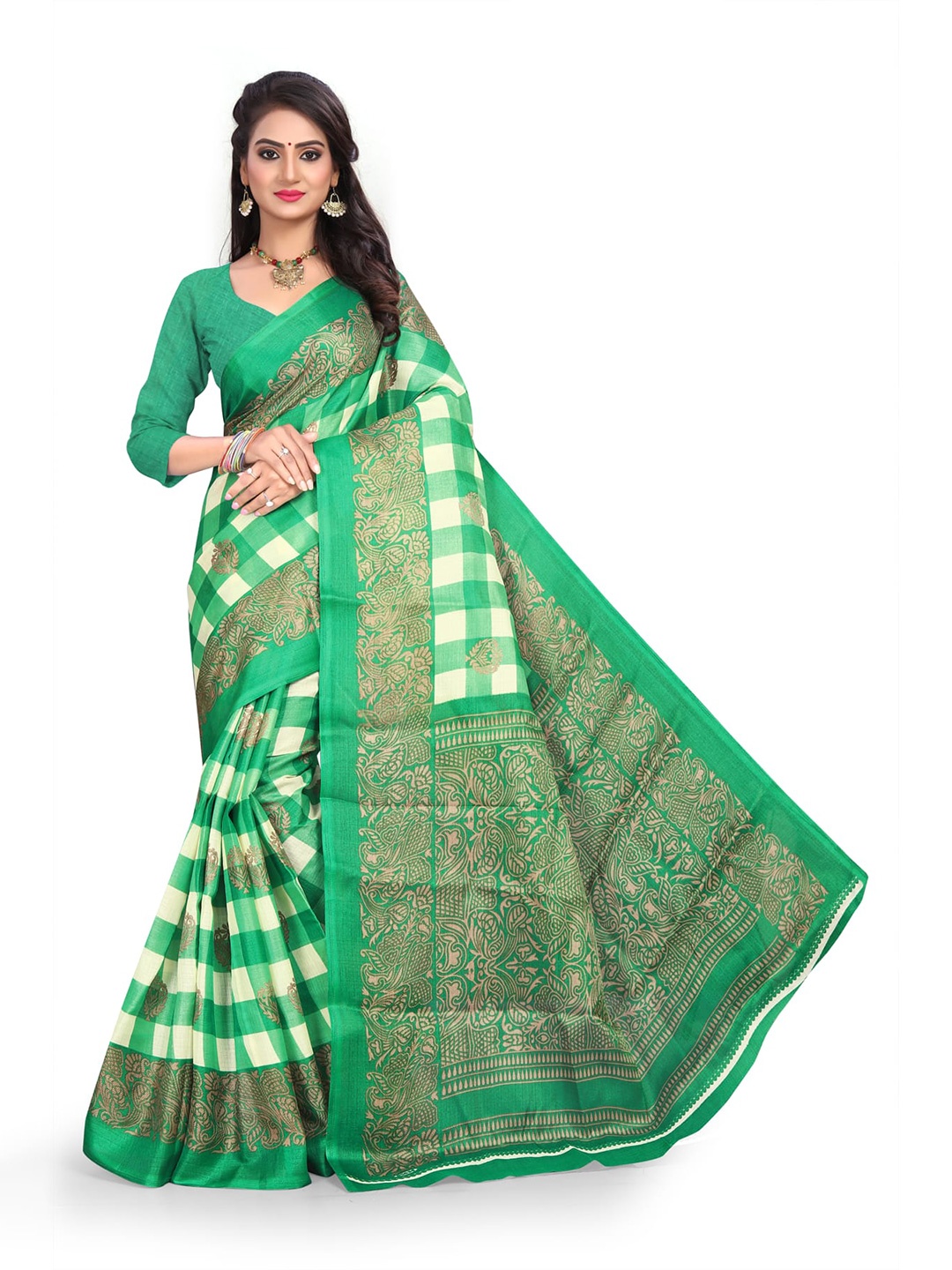 

KALINI Checked Art Silk Banarasi Saree, Green