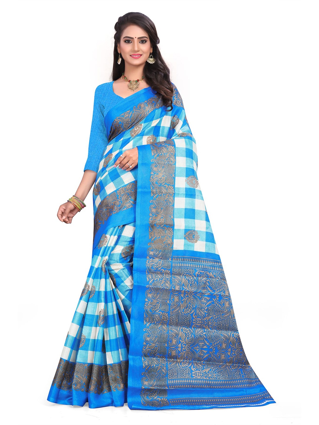 

KALINI Checked Printed Border Saree, Blue