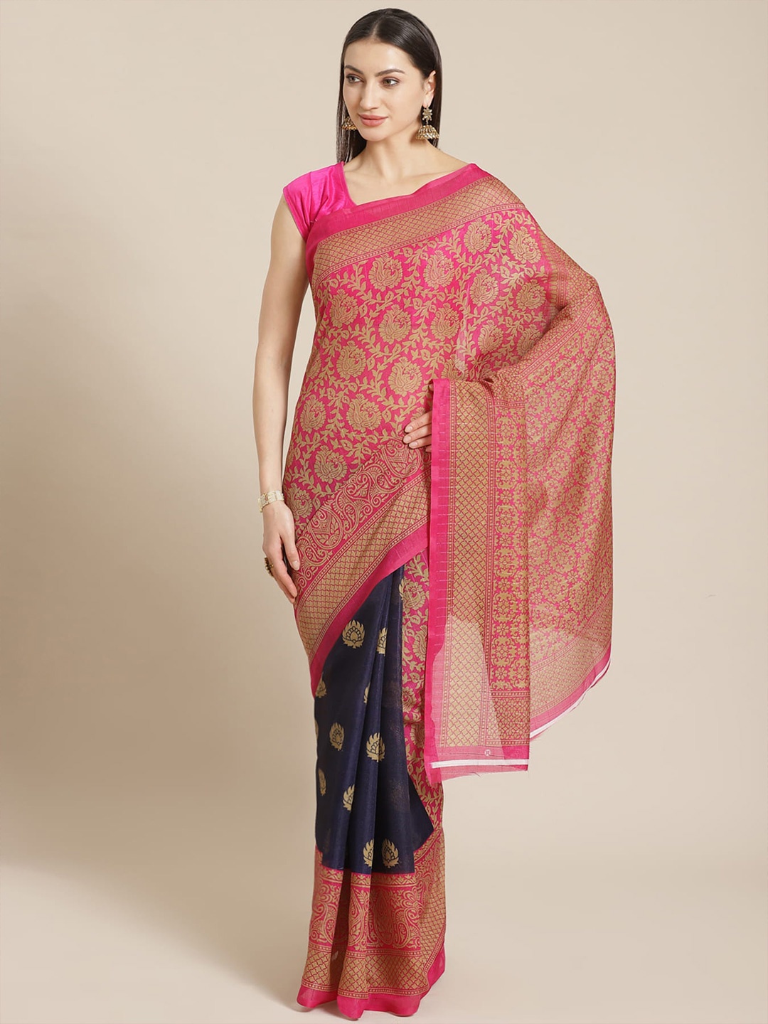 

KALINI Ethnic Motifs Printed Banarasi Saree, Navy blue