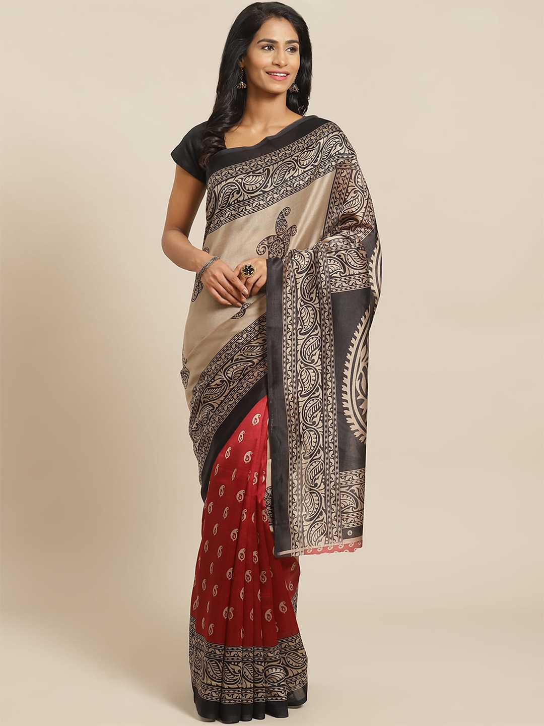 

KALINI Paisley Printed Half & Half Saree, Red