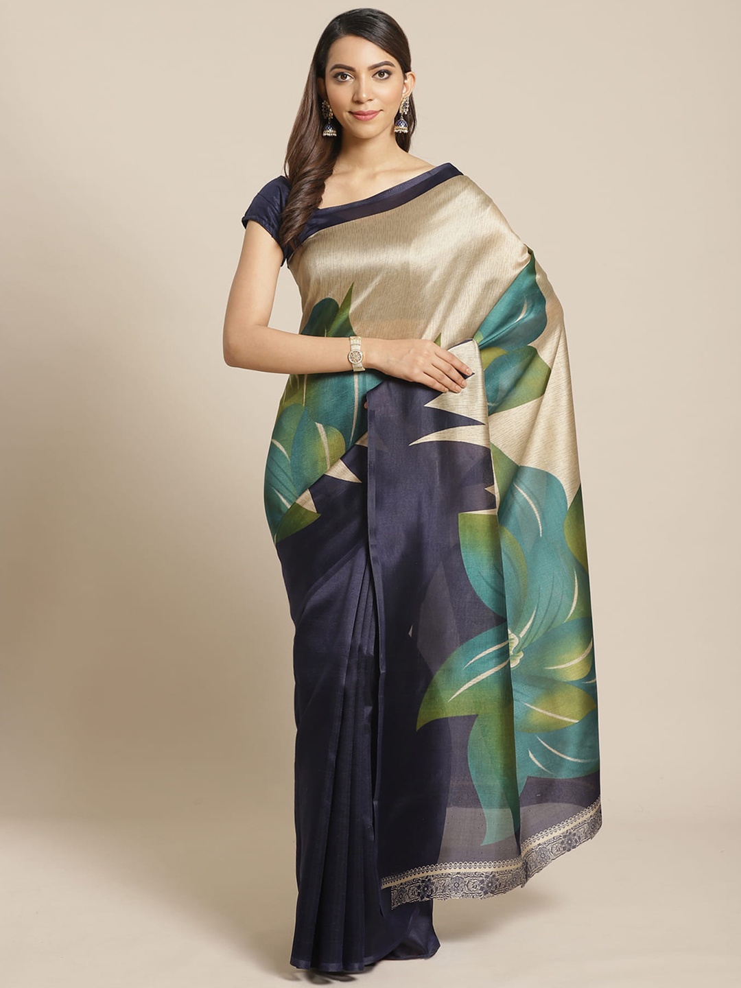 

KALINI Floral Printed Banarasi Saree, Navy blue