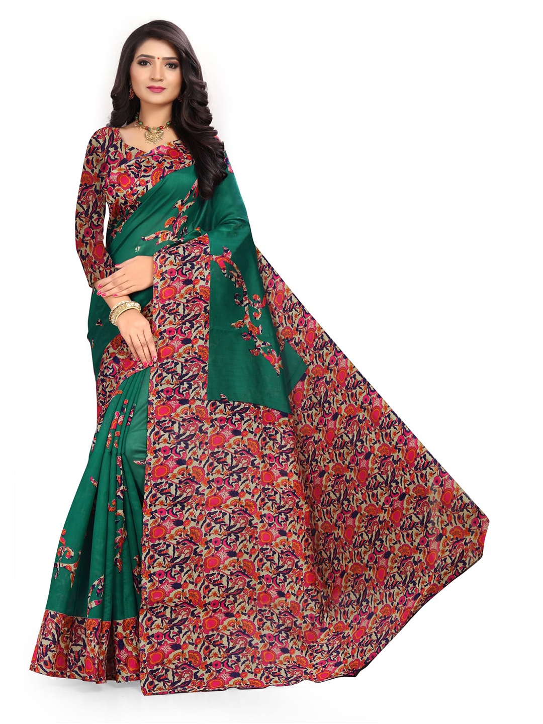 

KALINI Ethnic Motifs Printed Art Silk Banarasi Saree, Green