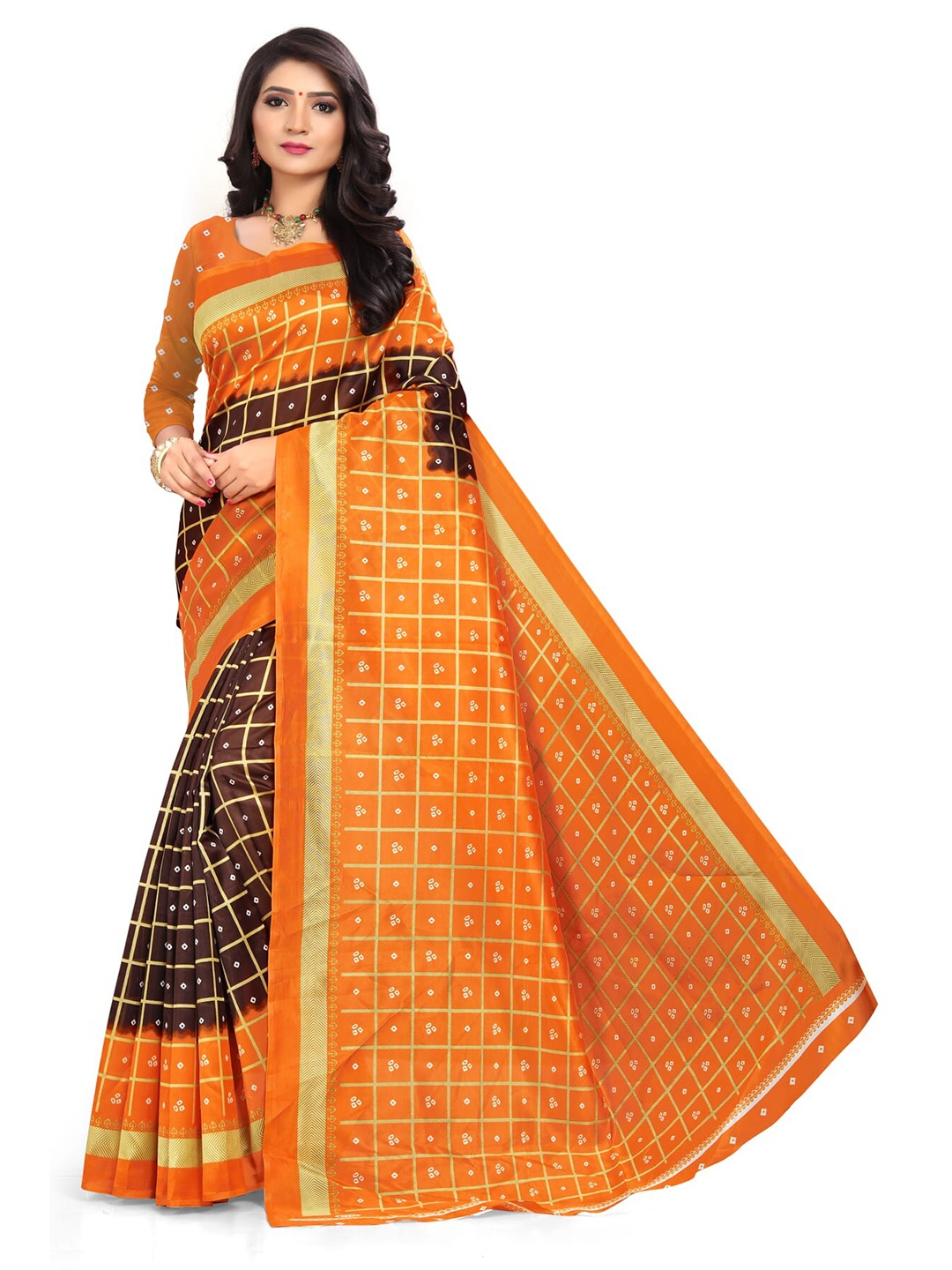 

KALINI Checked Saree, Brown