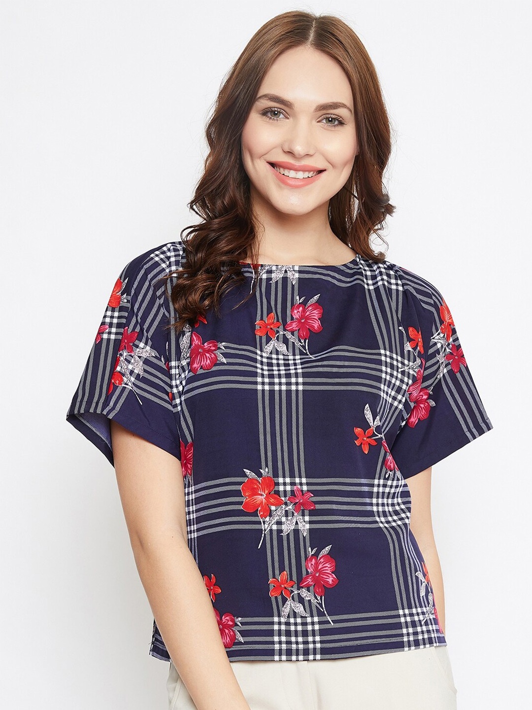 

Uptownie Lite Blue Checked Extended Sleeves Top