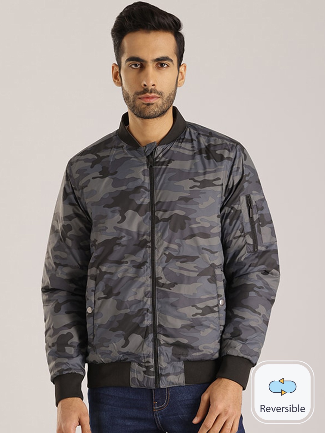 

Indian Terrain Camouflage Mock Collar Bomber Jacket, Navy blue