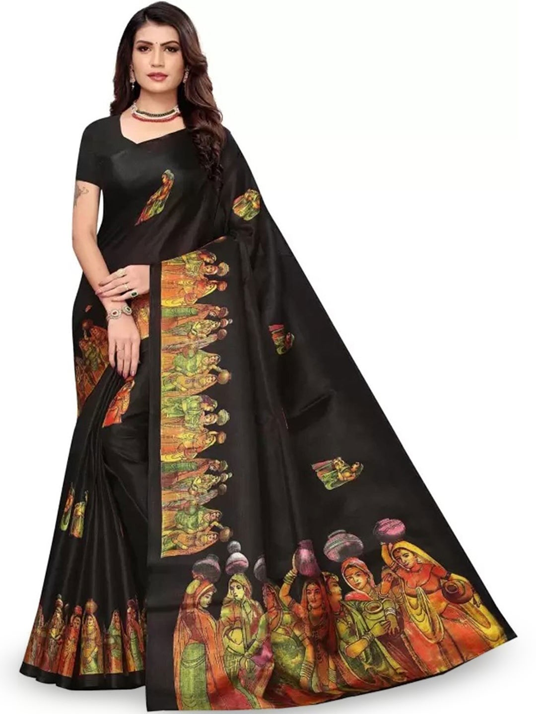 

Mitera Black & Green Ethnic Motifs Woven Design Saree