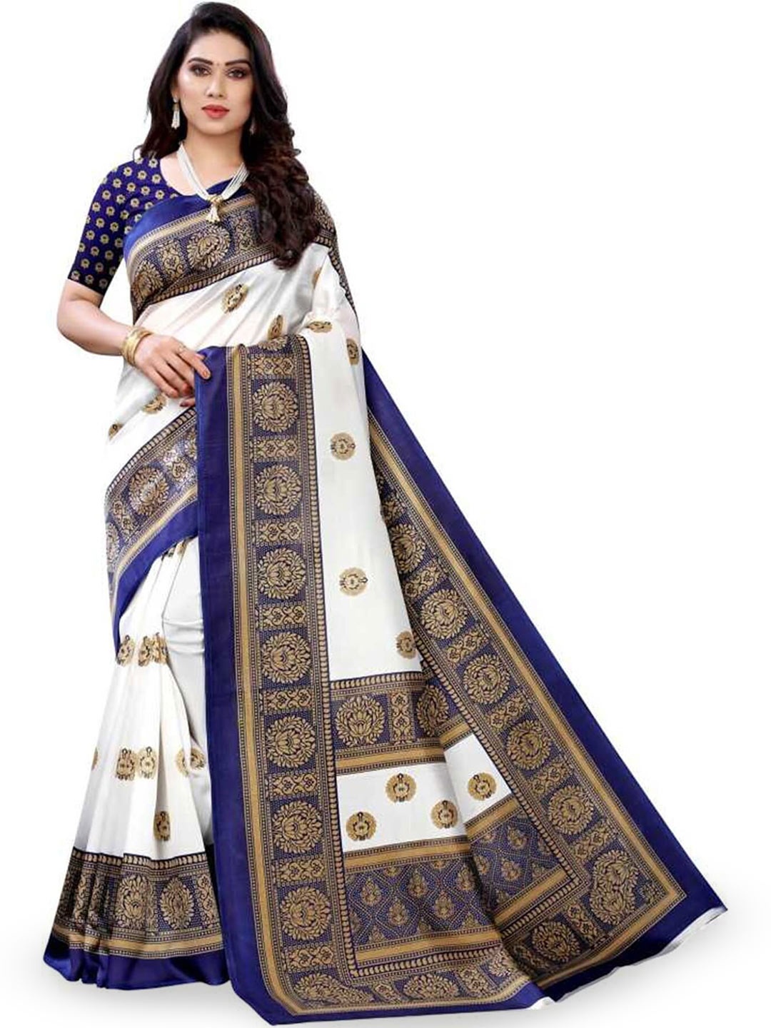 

Mitera White & Navy Blue Ethnic Motifs Printed Saree
