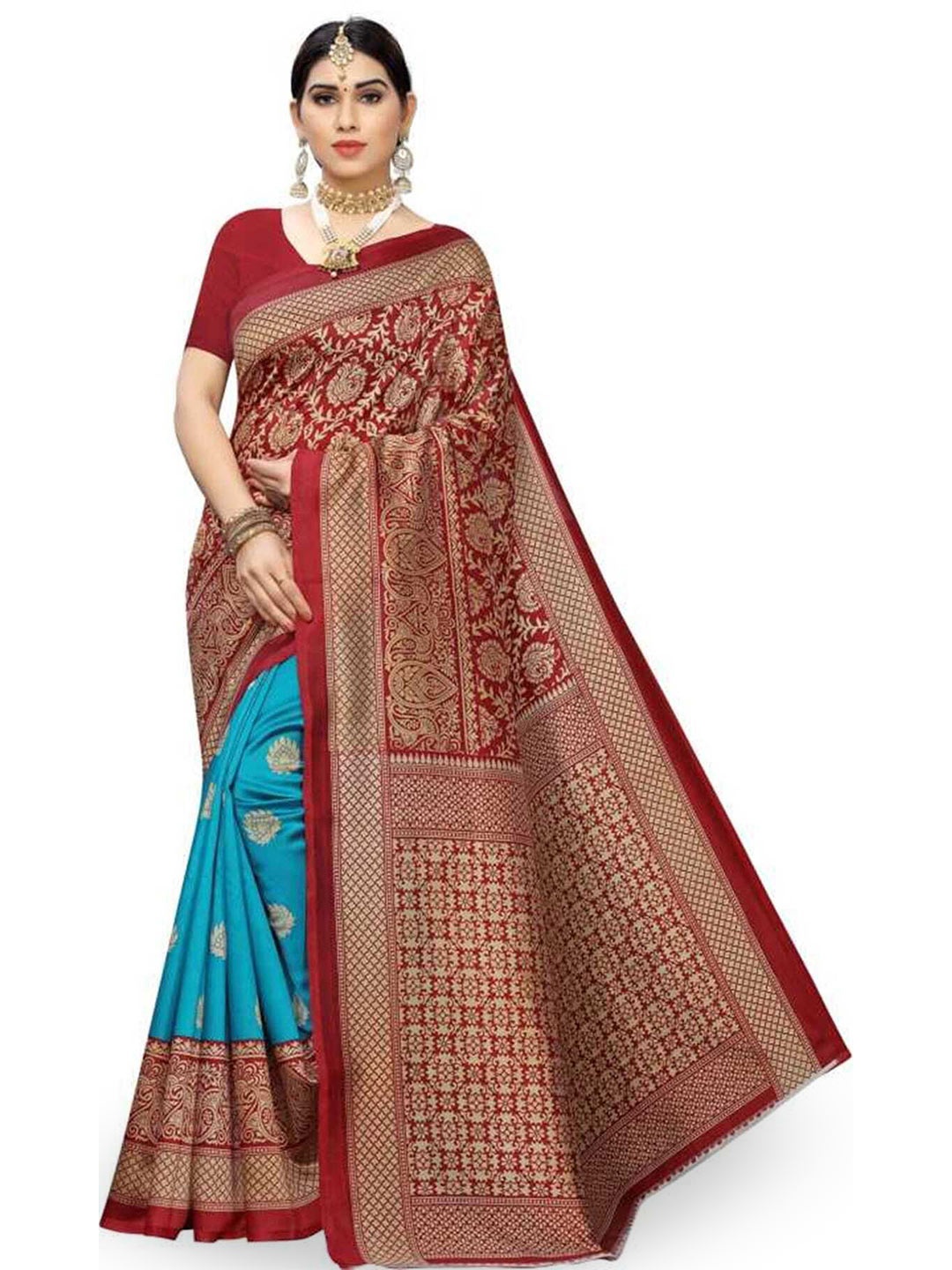 

Mitera Blue & Red Ethnic Motifs Printed Art Silk Banarasi Saree
