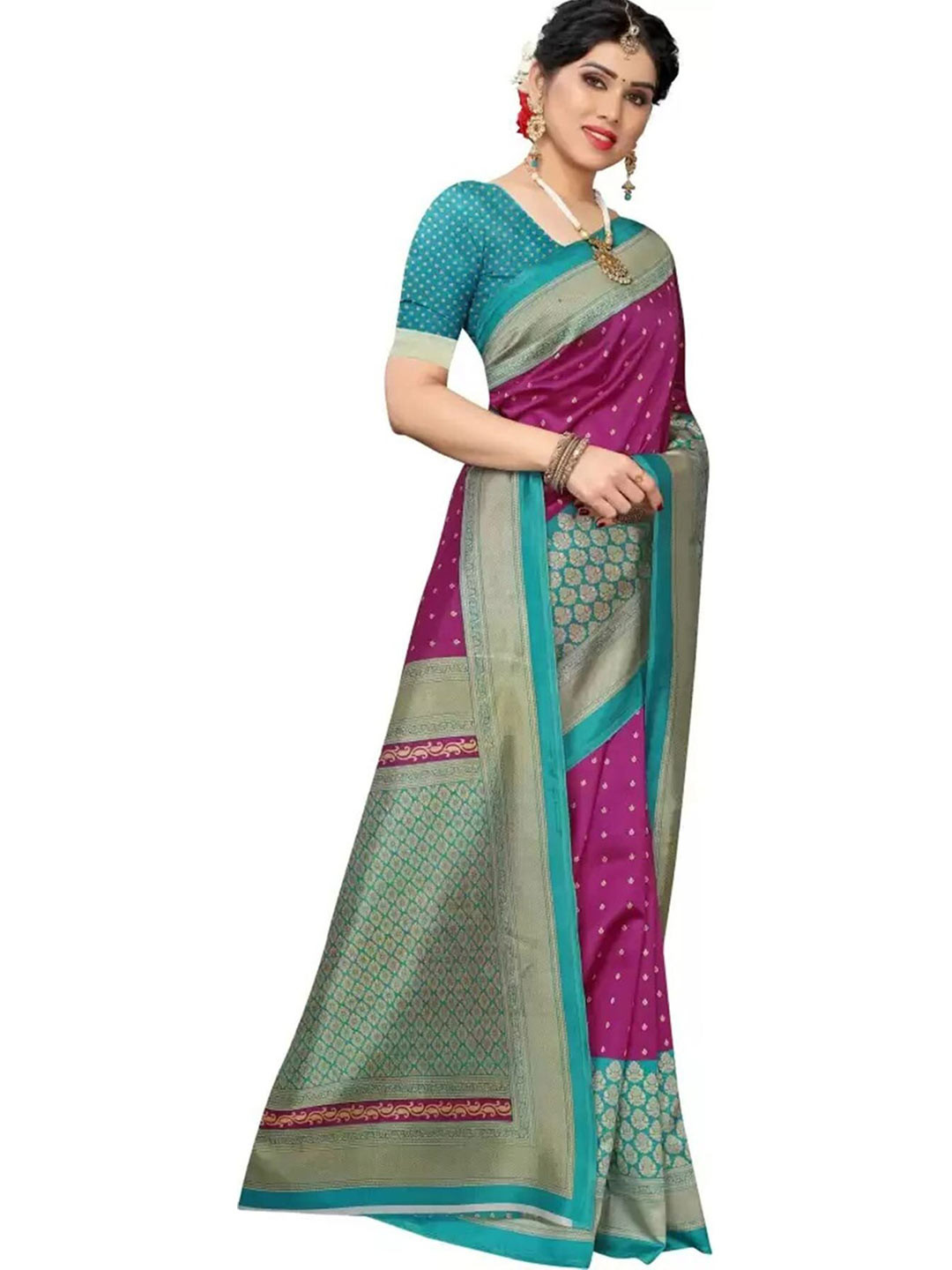 

Mitera Blue & Purple Ethnic Motifs Printed Art Silk Banarasi Saree