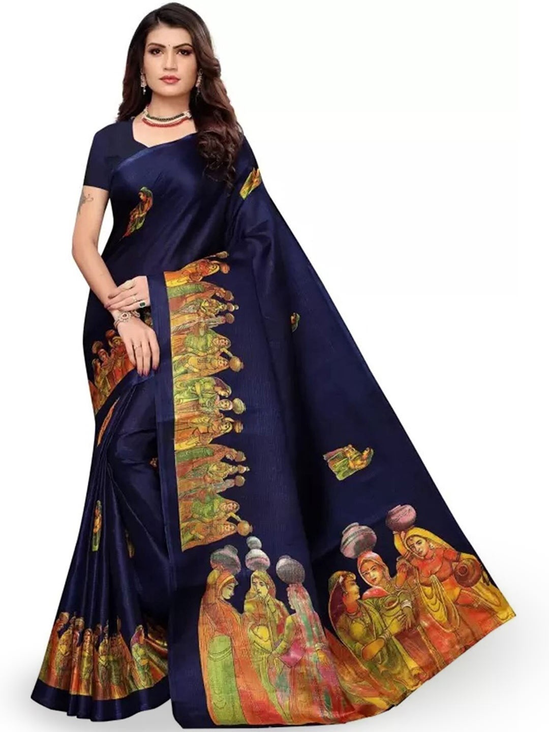 

Mitera Navy Blue Ethnic Motifs Printed Art Silk Banarasi Saree