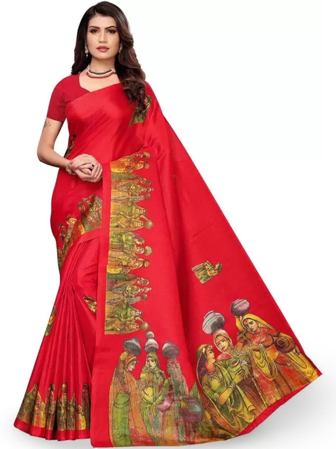 

Mitera Red & Green Ethnic Motifs Printed Saree