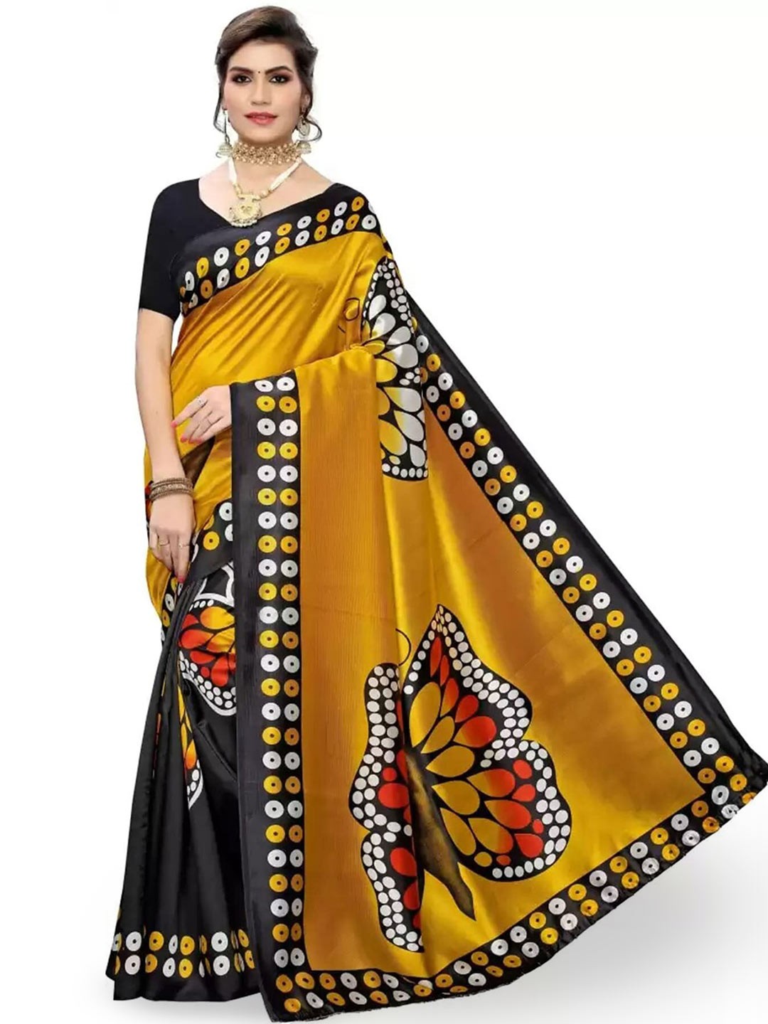 

Mitera Black & Mustard Ethnic Motifs Printed Art Silk Banarasi Saree