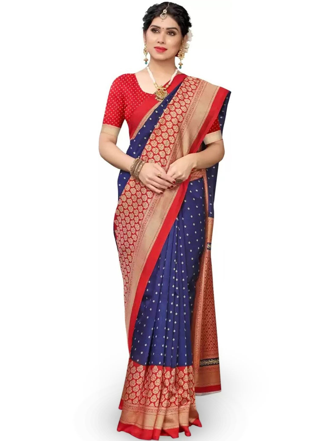 

Mitera Maroon & Blue Ethnic Motifs Art Silk Banarasi Saree