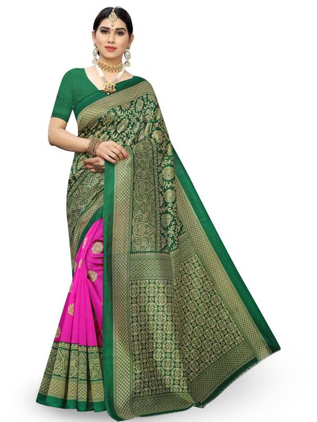 

Mitera Pink & Green Ethnic Motifs Printed Art Silk Banarasi Saree