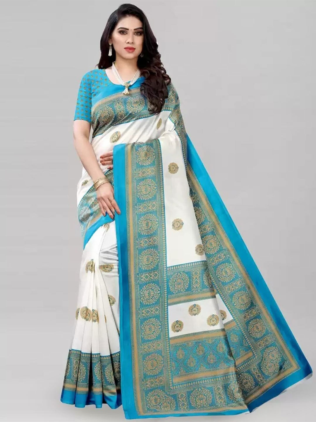 

Mitera Ethnic Motifs Printed Banarasi Saree, White
