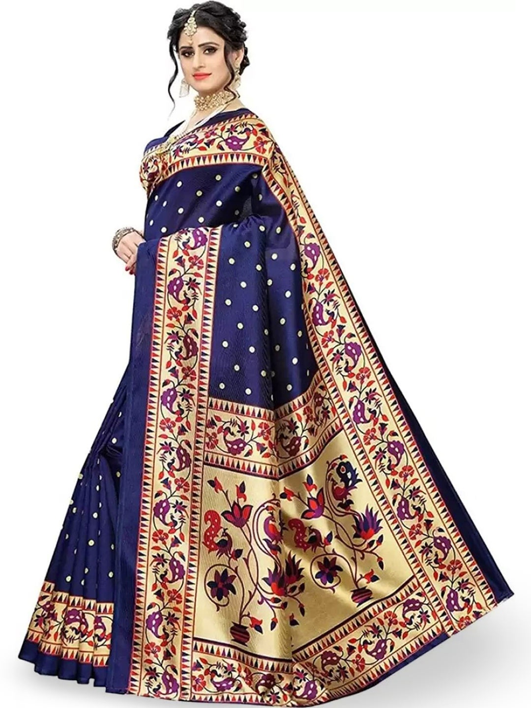 

Mitera Navy Blue Ethnic Motifs Printed Saree