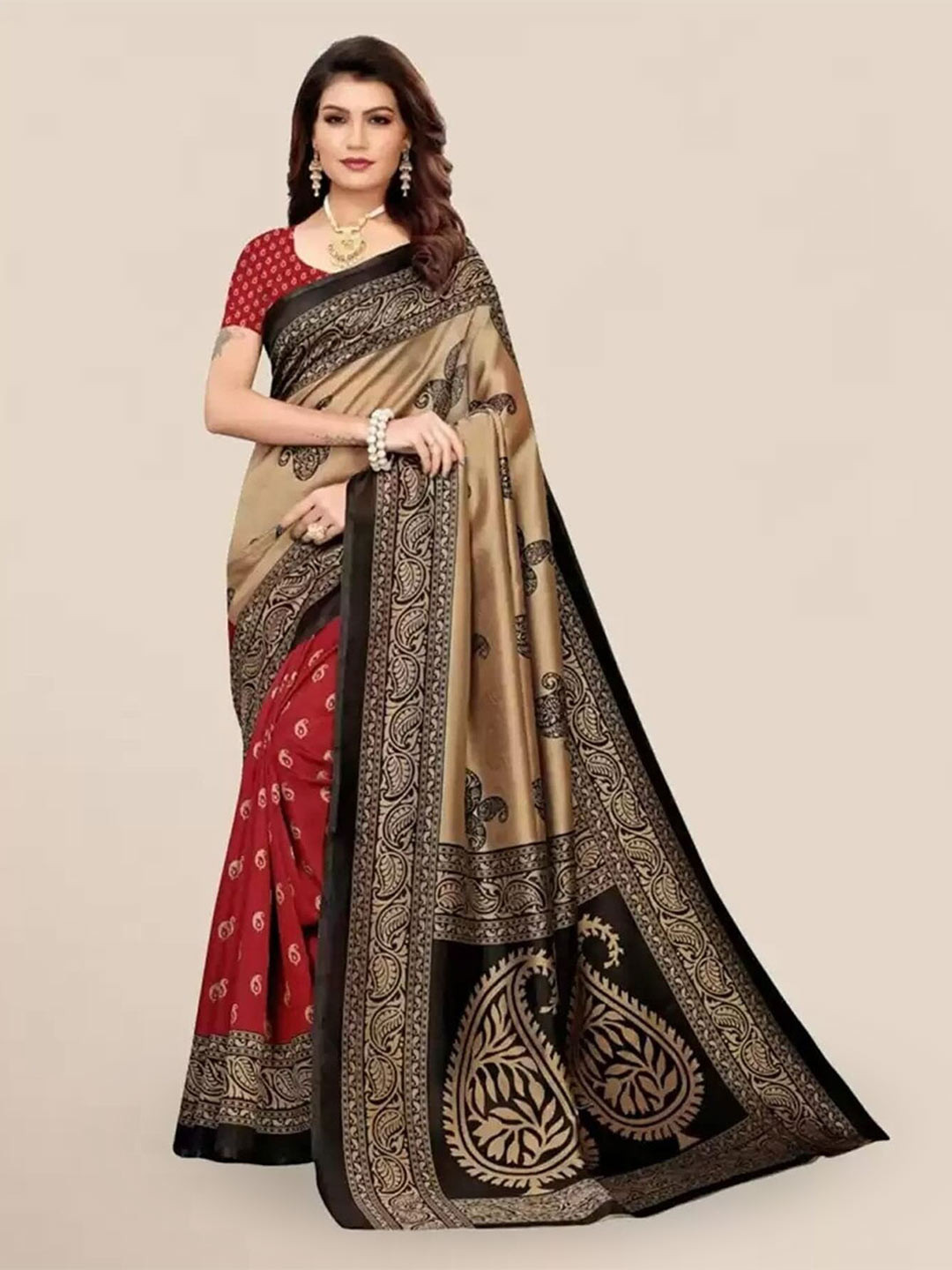 

Mitera Red & Black Ethnic Motifs Printed Art Silk Banarasi Saree