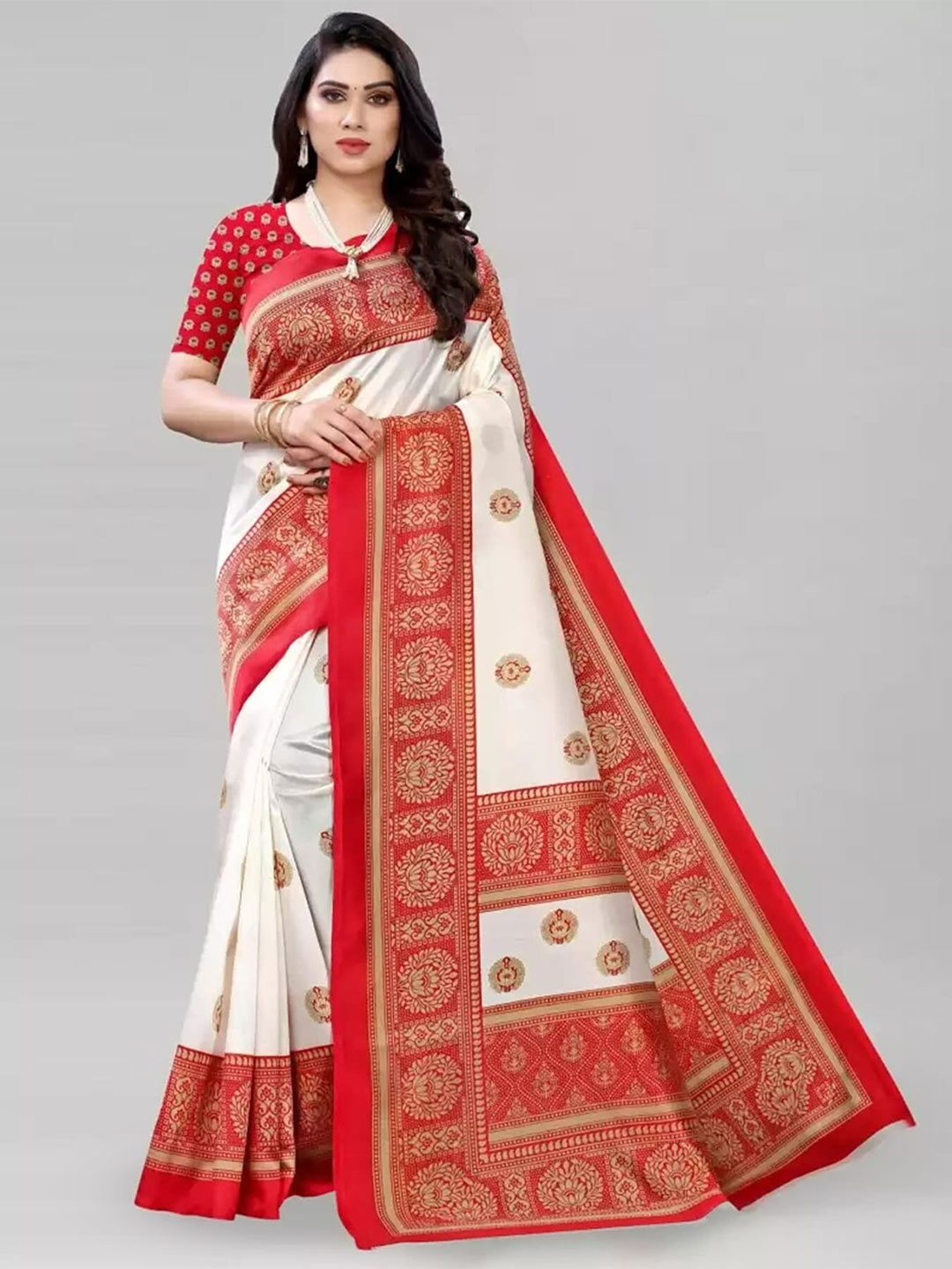 

Mitera White & Red Ethnic Motifs Woven Design Saree