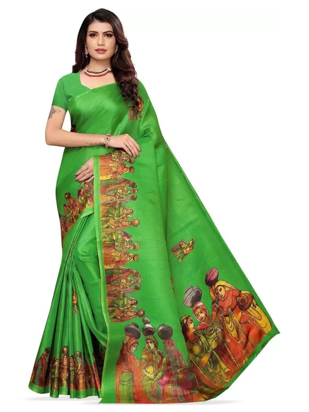 

Mitera Green & Orange Ethnic Motifs Woven Design Saree