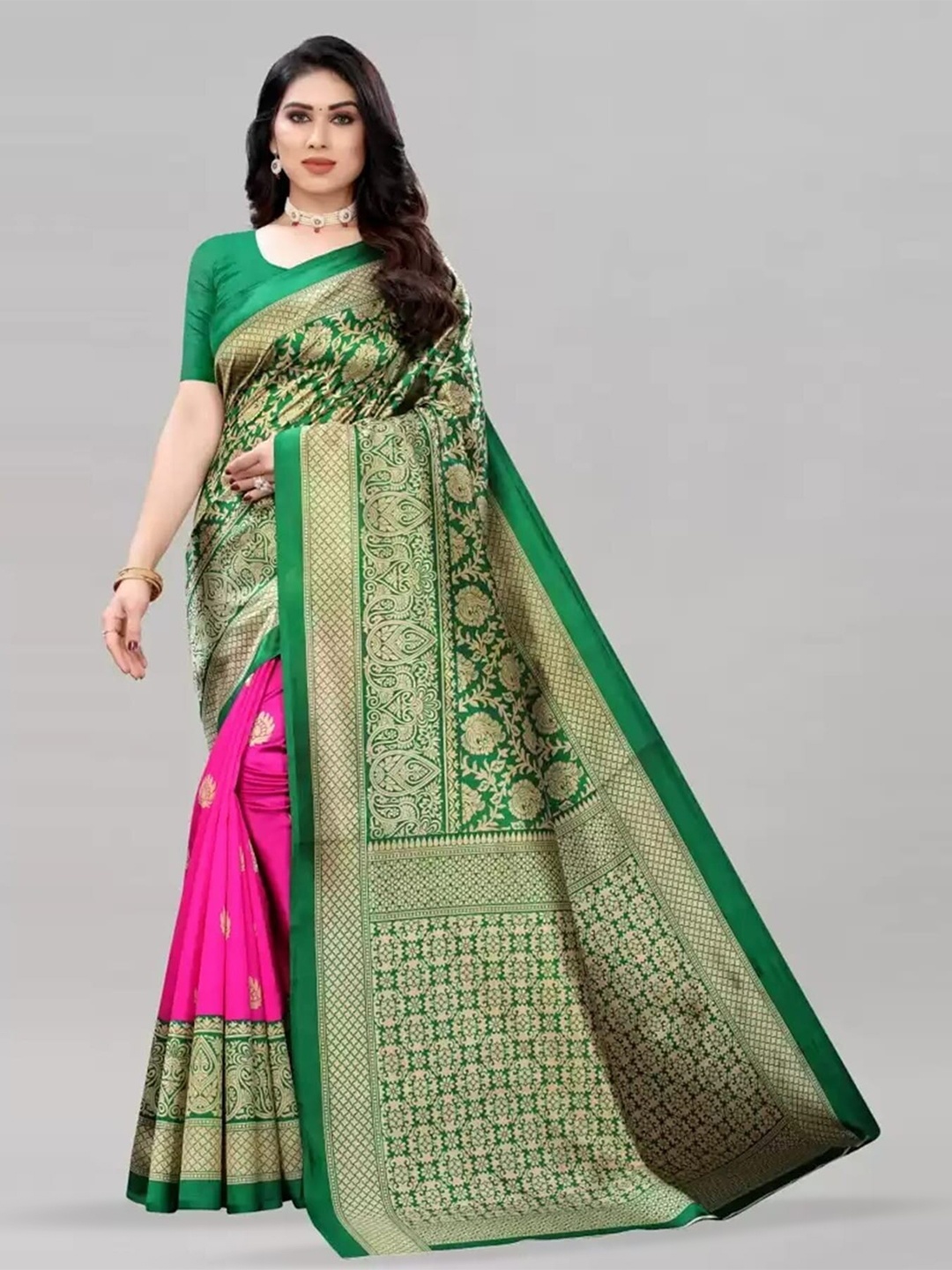

Mitera Green & Pink Ethnic Motifs Printed Art Silk Banarasi Saree