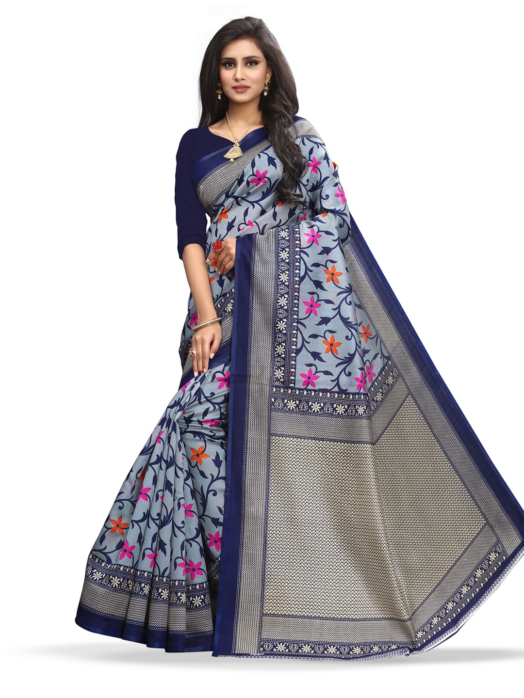 

Mitera Grey Floral Printed Art Silk Banarasi Saree