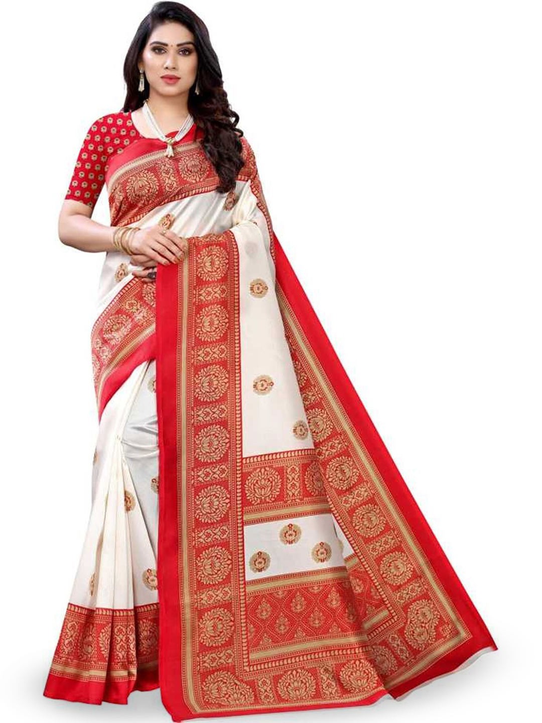 

Mitera White & Red Ethnic Motifs Printed Art Silk Banarasi Saree