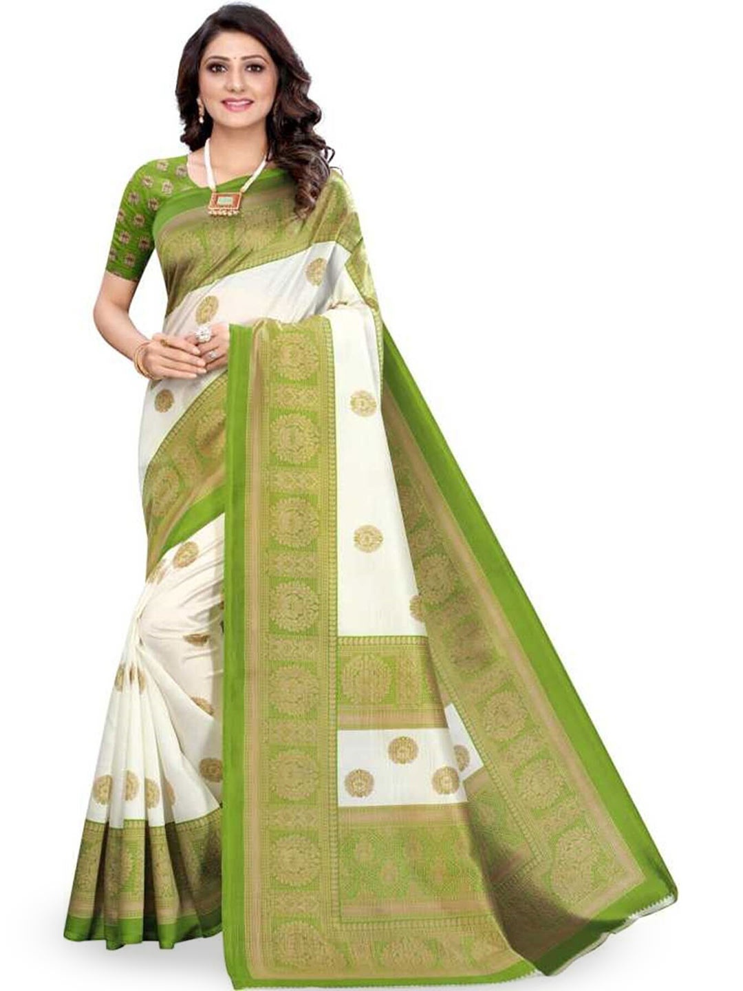 

Mitera White & Green Ethnic Motifs Printed Saree