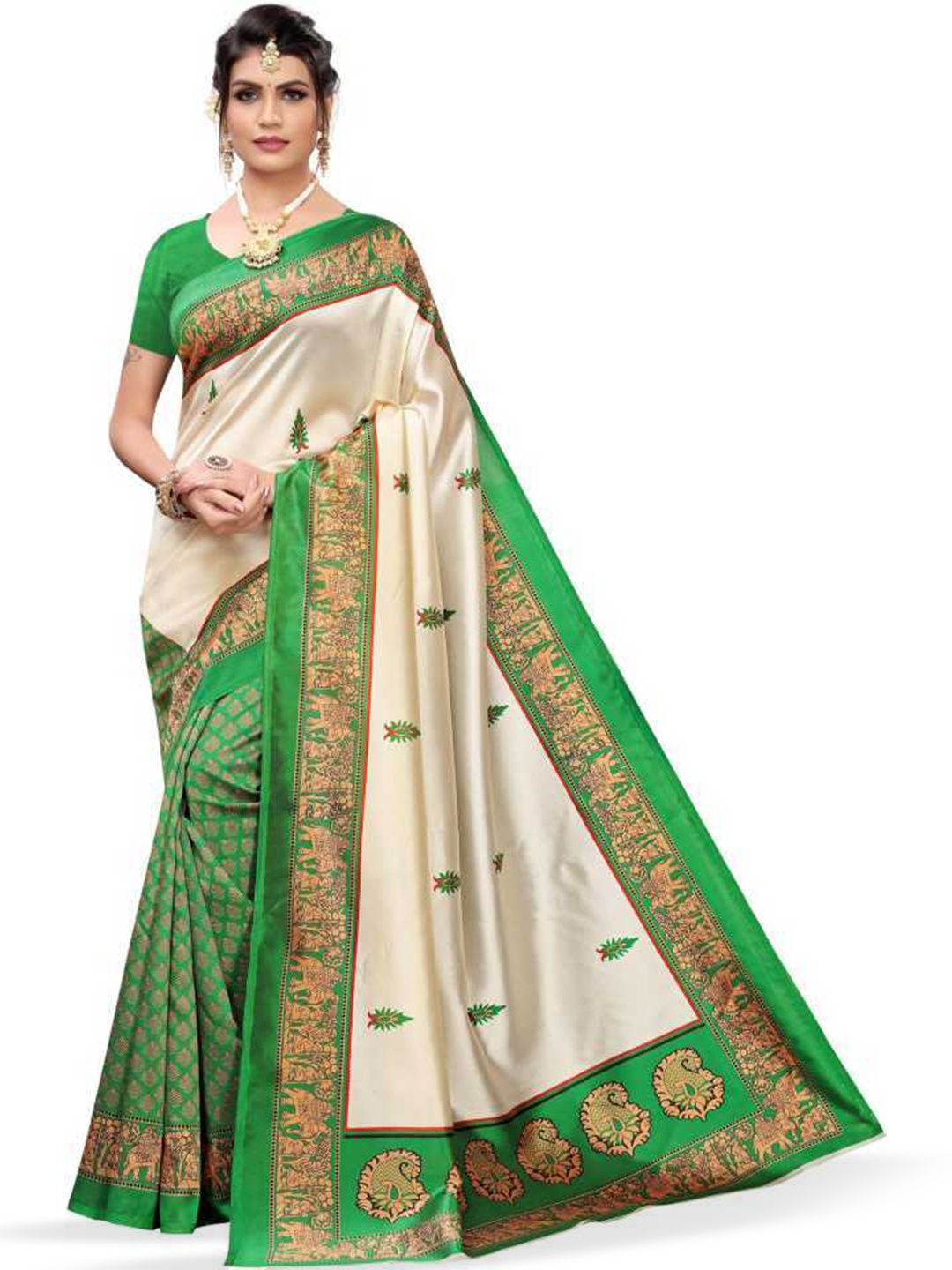 

Mitera Cream-Coloured & Green Ethnic Motifs Art Silk Banarasi Saree
