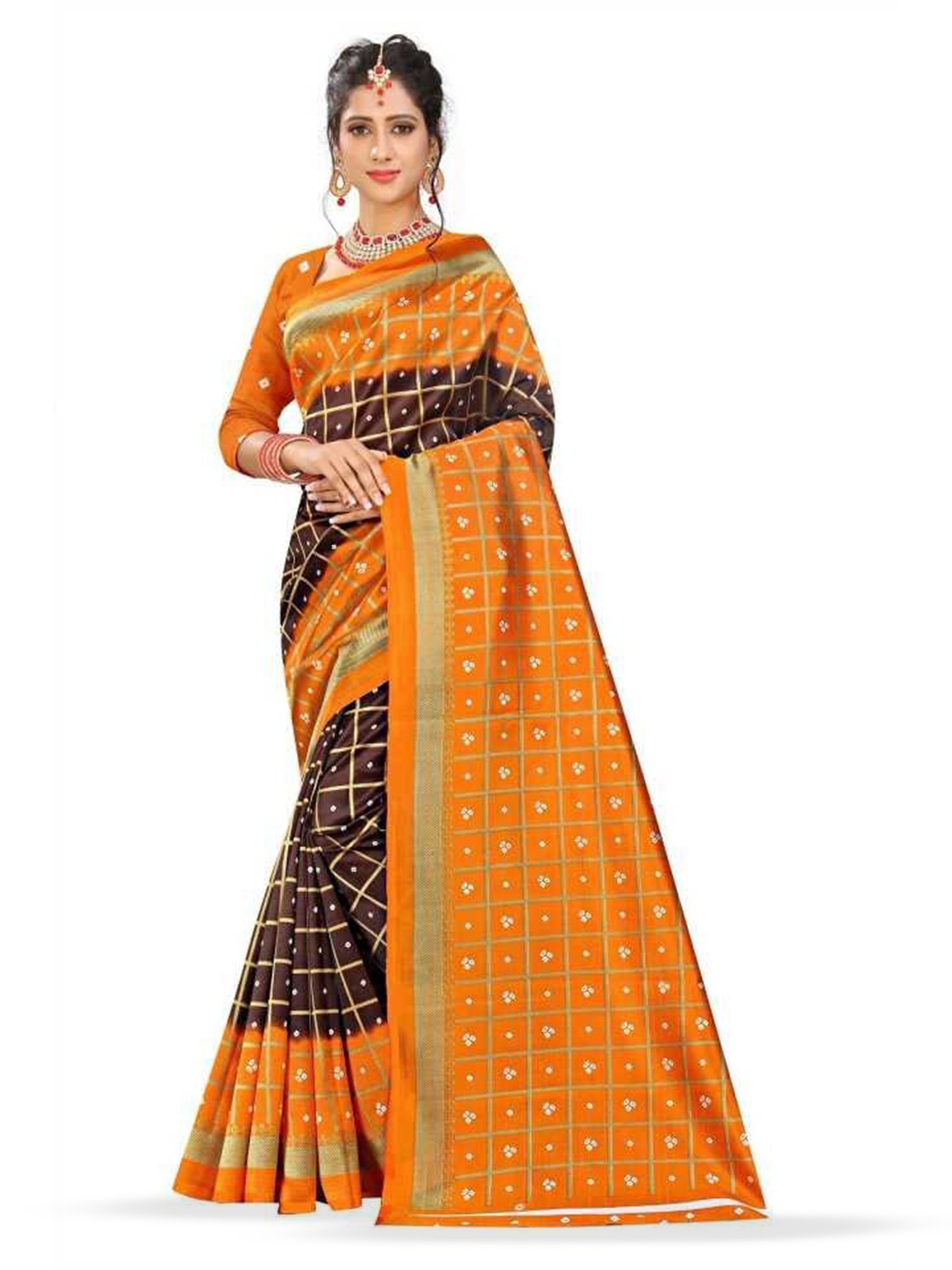 

Mitera Brown Checked Saree