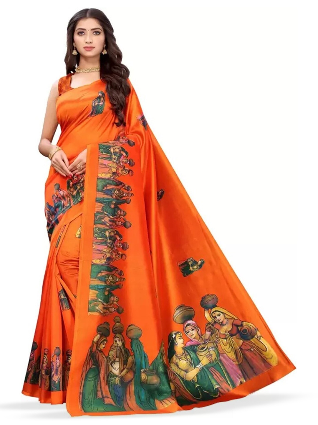 

Mitera Orange & Green Ethnic Motifs Printed Art Silk Banarasi Saree
