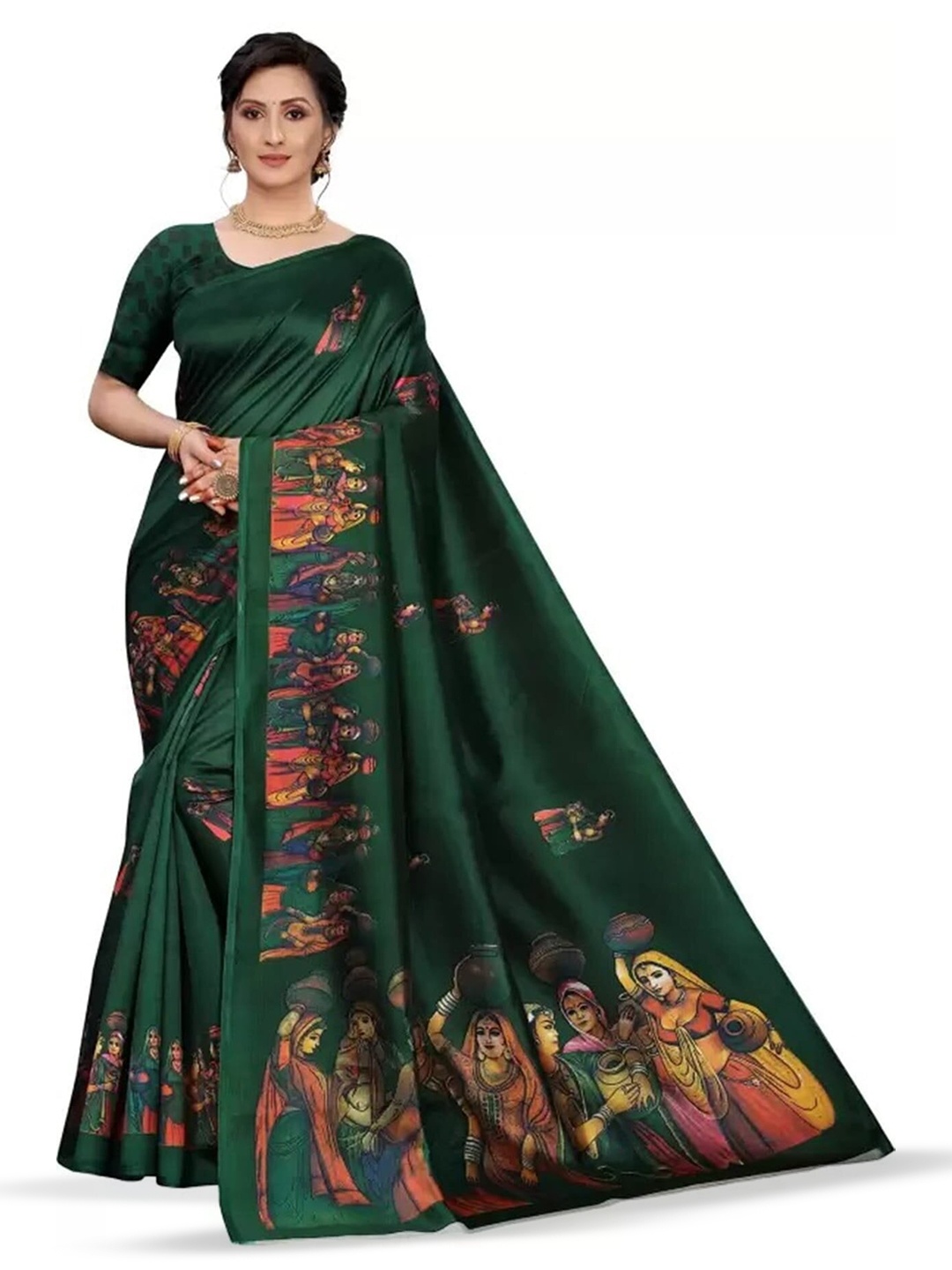 

Mitera Green & Pink Ethnic Motifs Art Silk Banarasi Saree