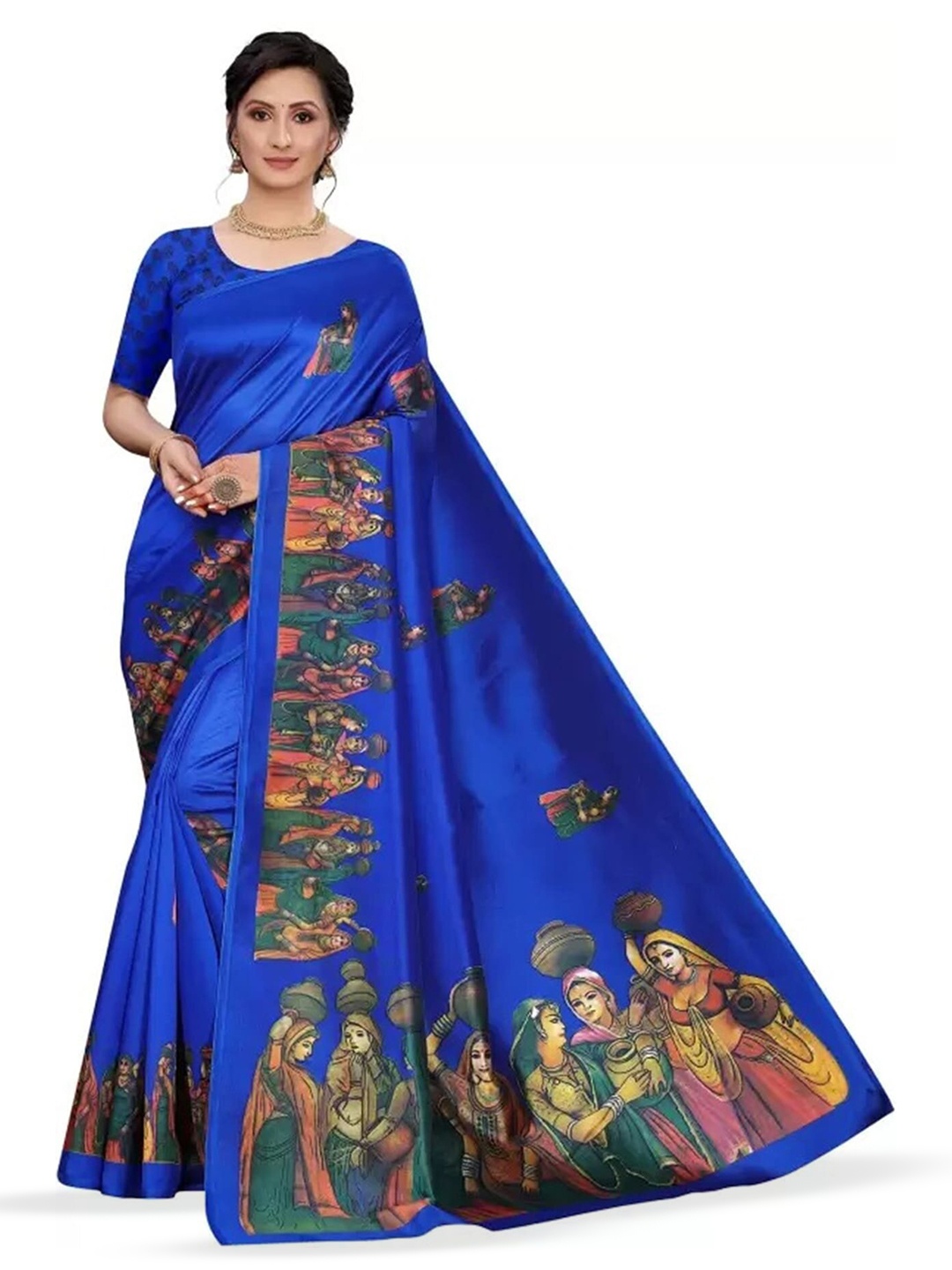 

Mitera Blue & Green Ethnic Motifs Printed Art Silk Banarasi Saree