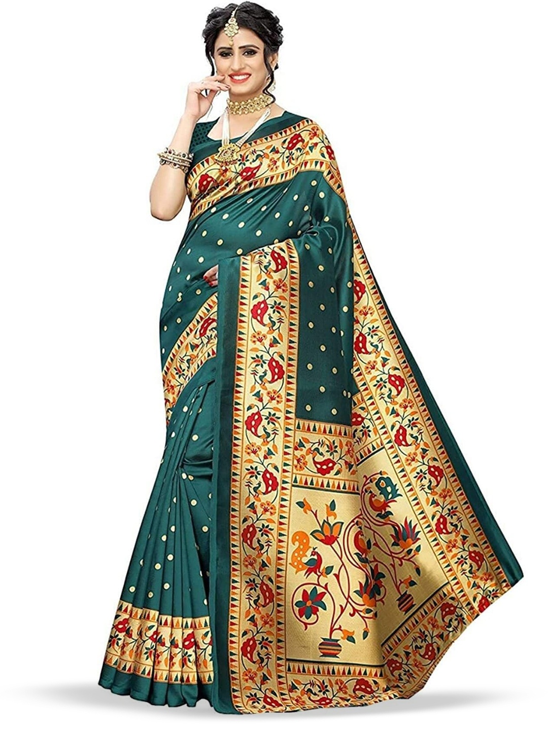 

Mitera Floral Printed Banarasi Saree, Green