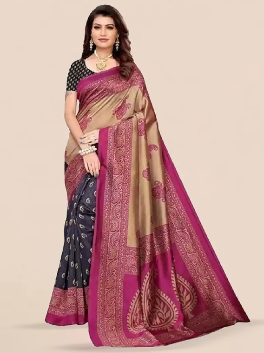 

Mitera Ethnic Motifs Printed Banarasi Saree, Navy blue