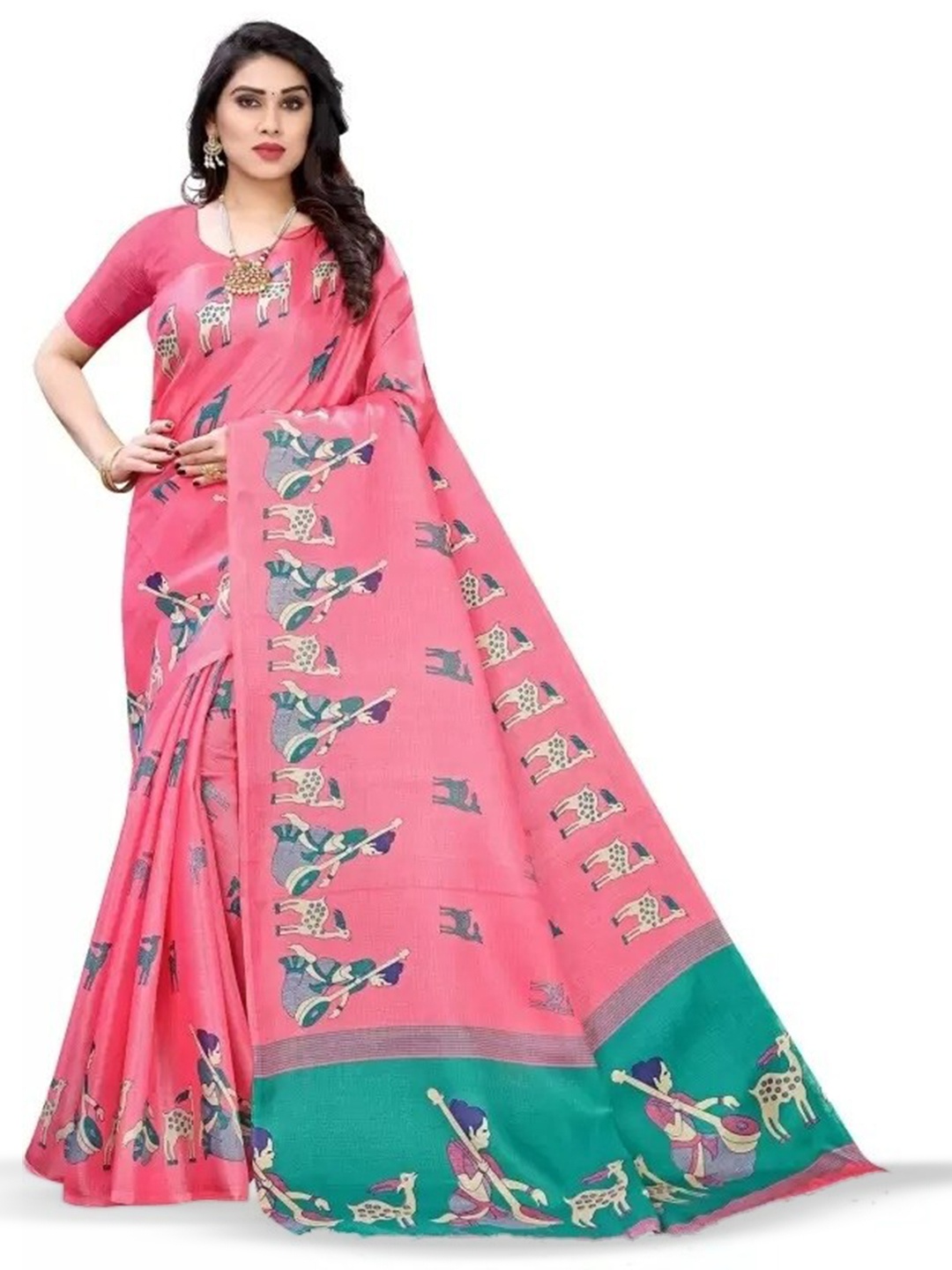 

Mitera Ethnic Motifs Printed Banarasi Saree, Pink