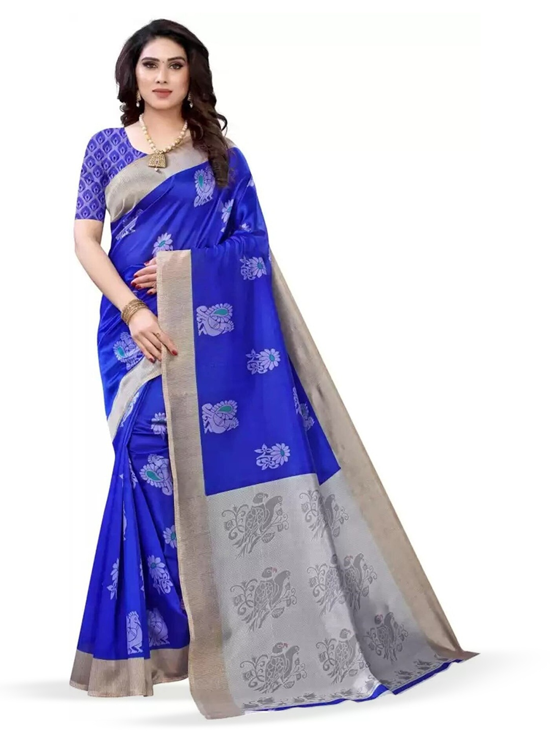 

Mitera Blue & Silver-Toned Woven Design Zari Art Silk Banarasi Saree