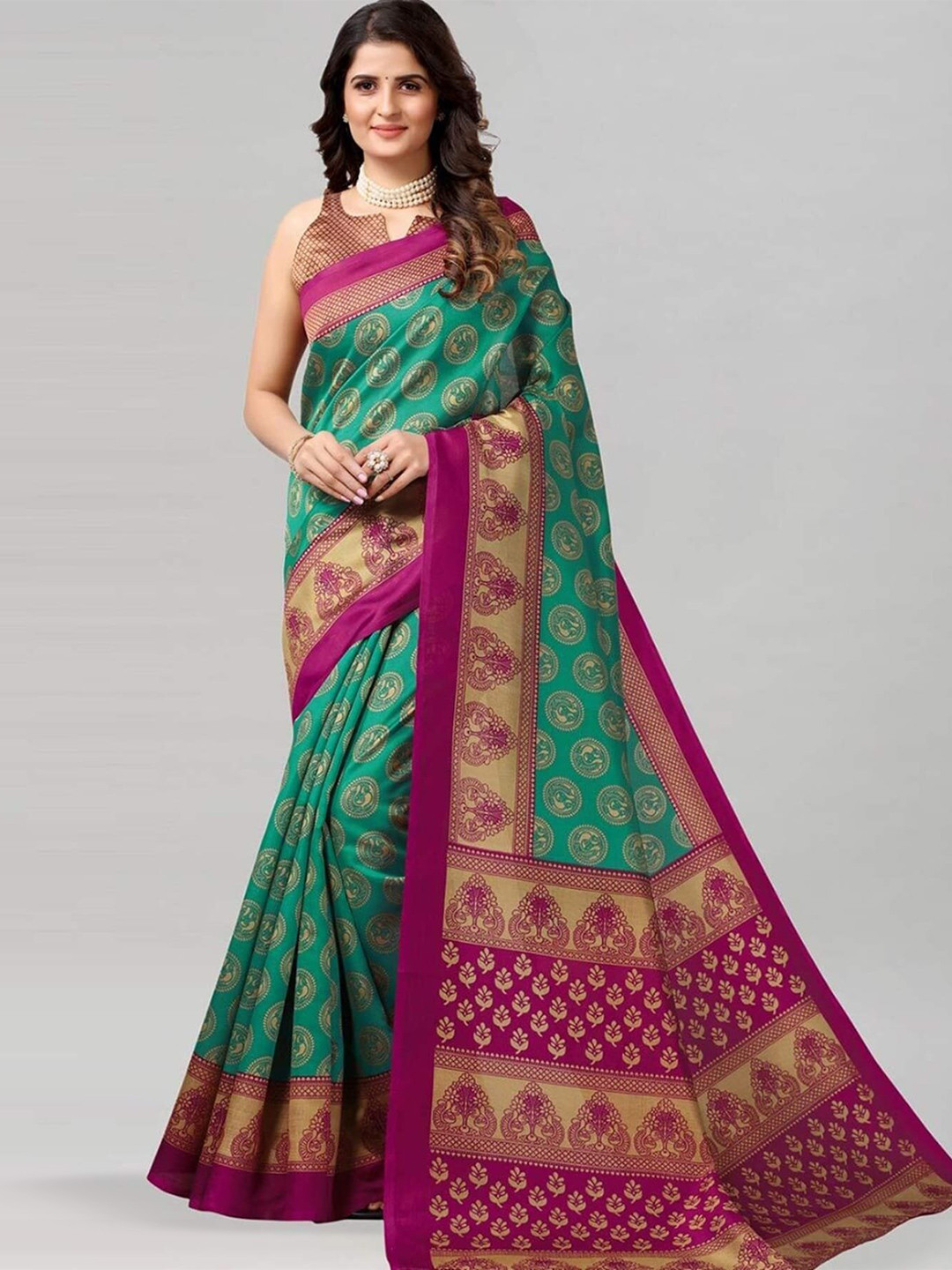 

Mitera Green & Pink Ethnic Motifs Printed Saree