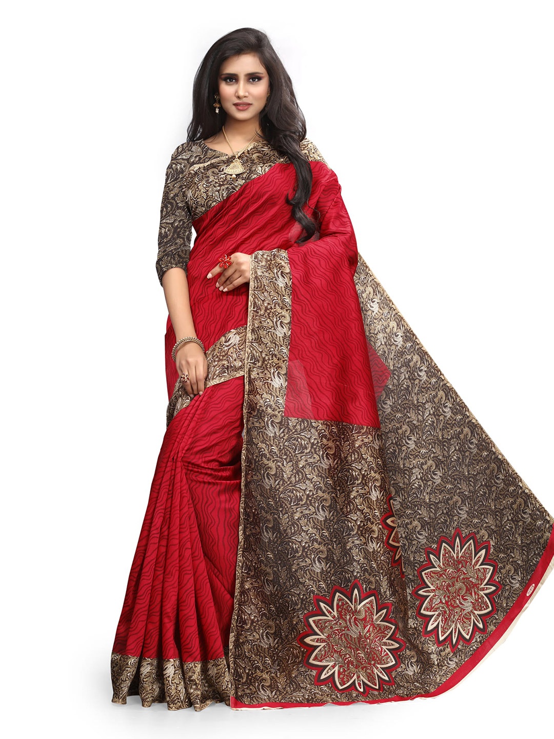 

Mitera Brown & Red Paisley Printed Saree