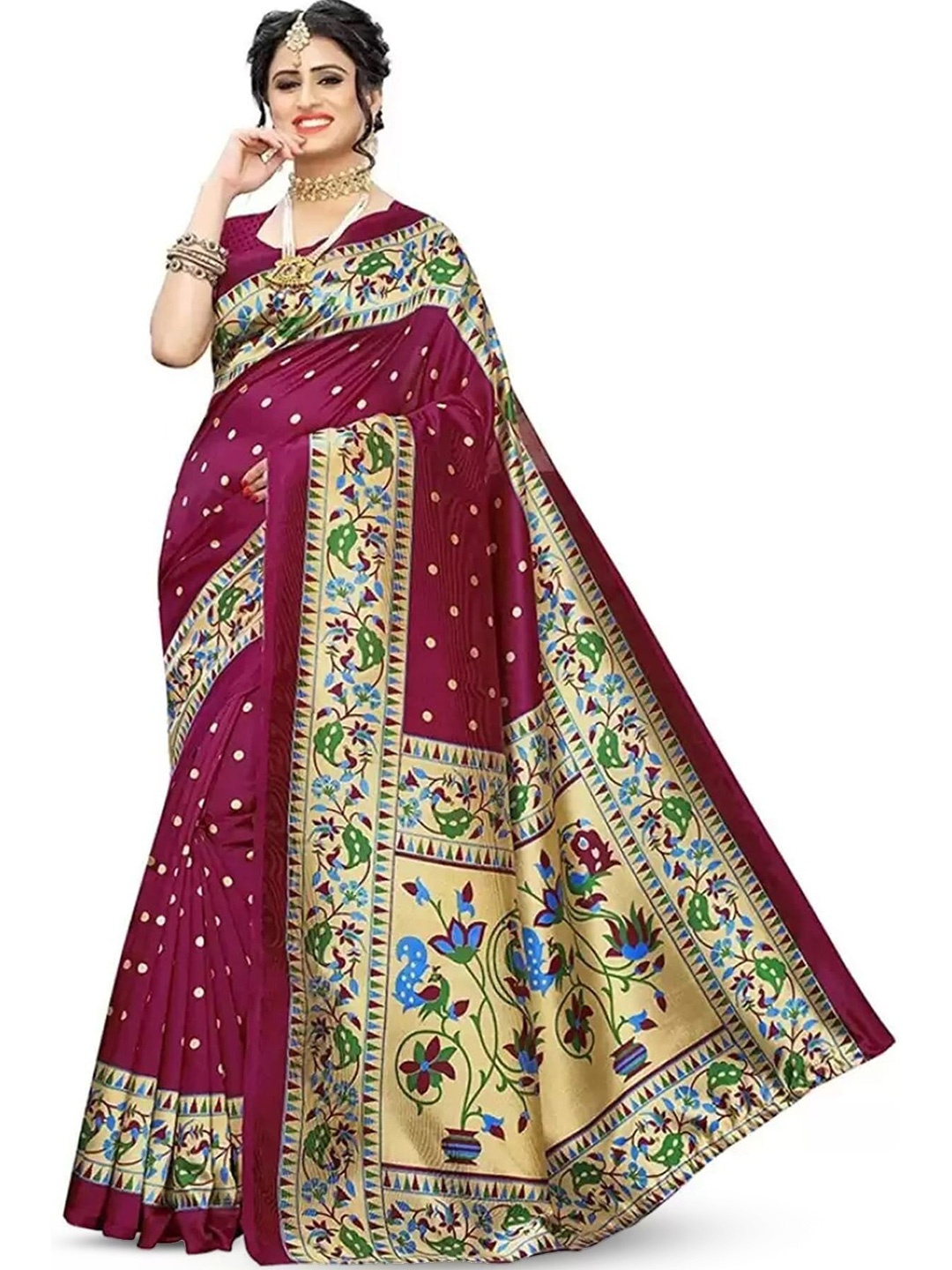 

Mitera Pink & Gold Toned Ethnic Motifs Printed Art Silk Saree