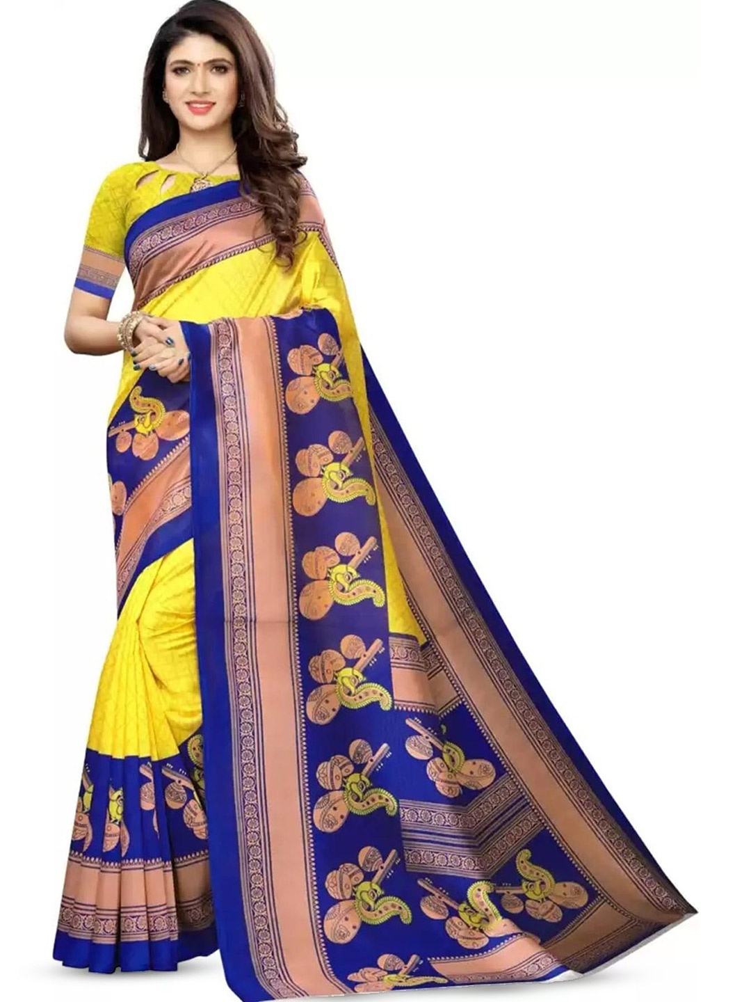 

Mitera Yellow & Blue Ethnic Motifs Art Silk Banarasi Saree