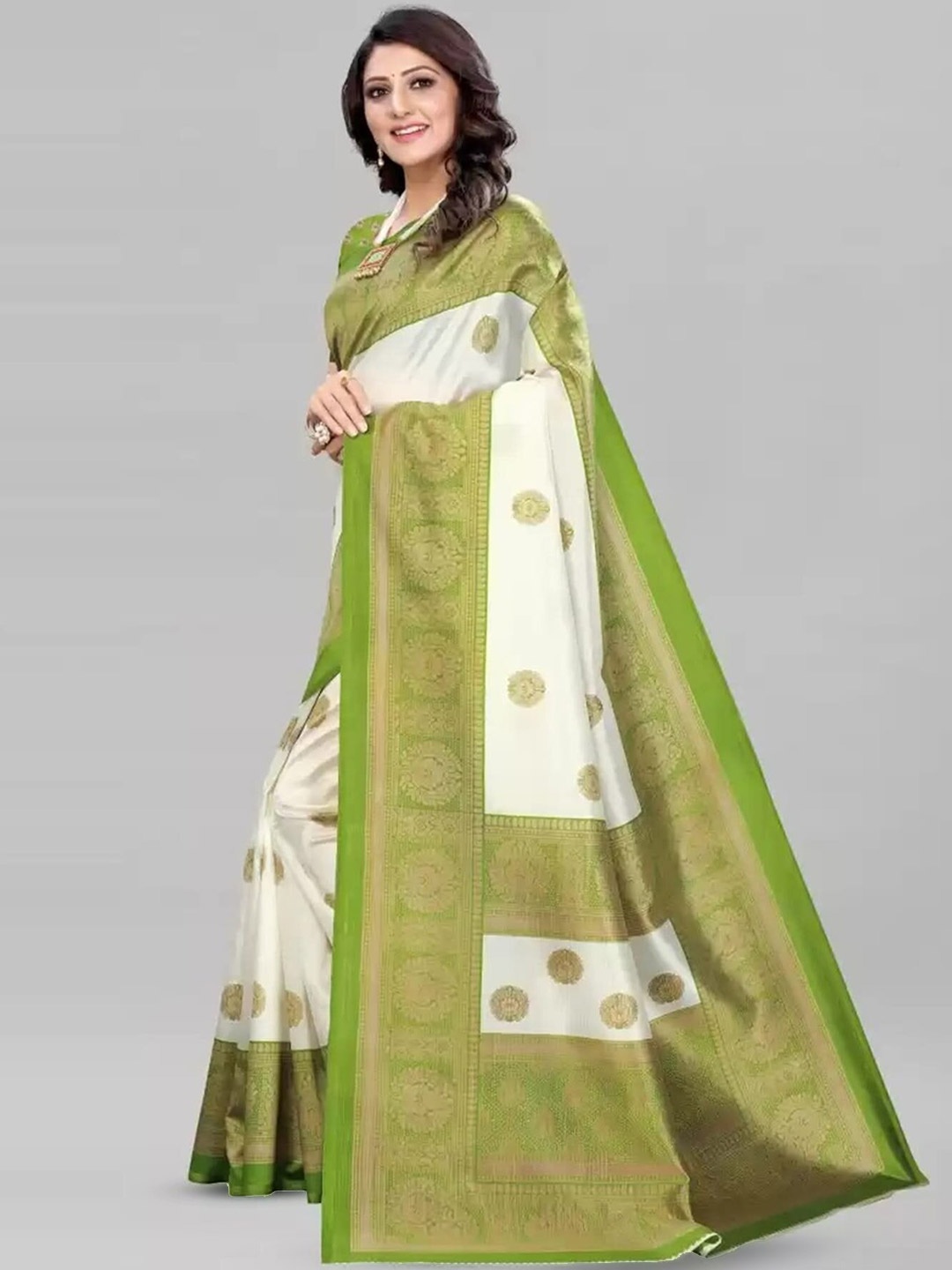 

Mitera Green & White Ethnic Motifs Printed Banarasi Saree