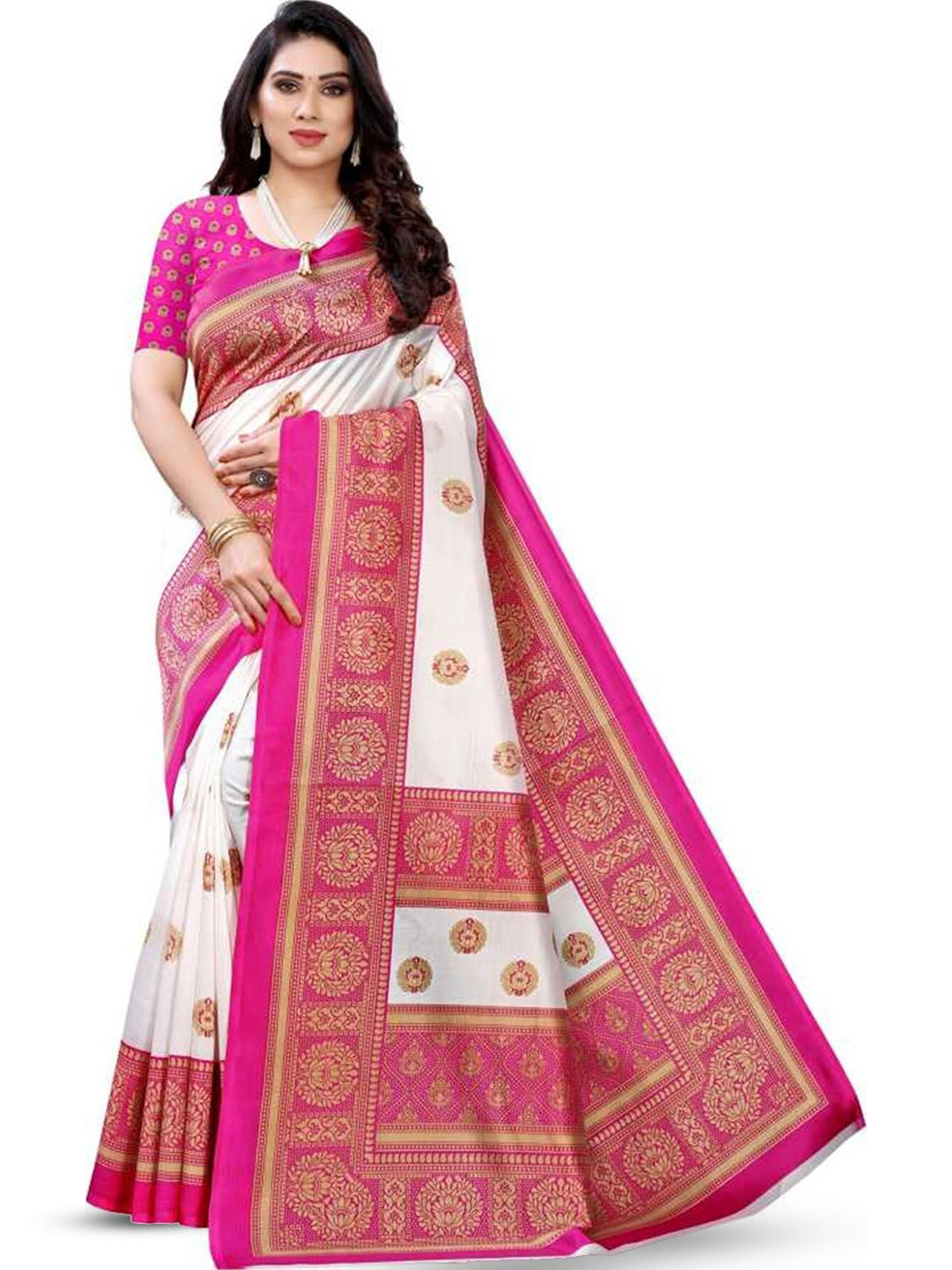 

Mitera Pink & White Floral Printed Art Silk Banarasi Saree