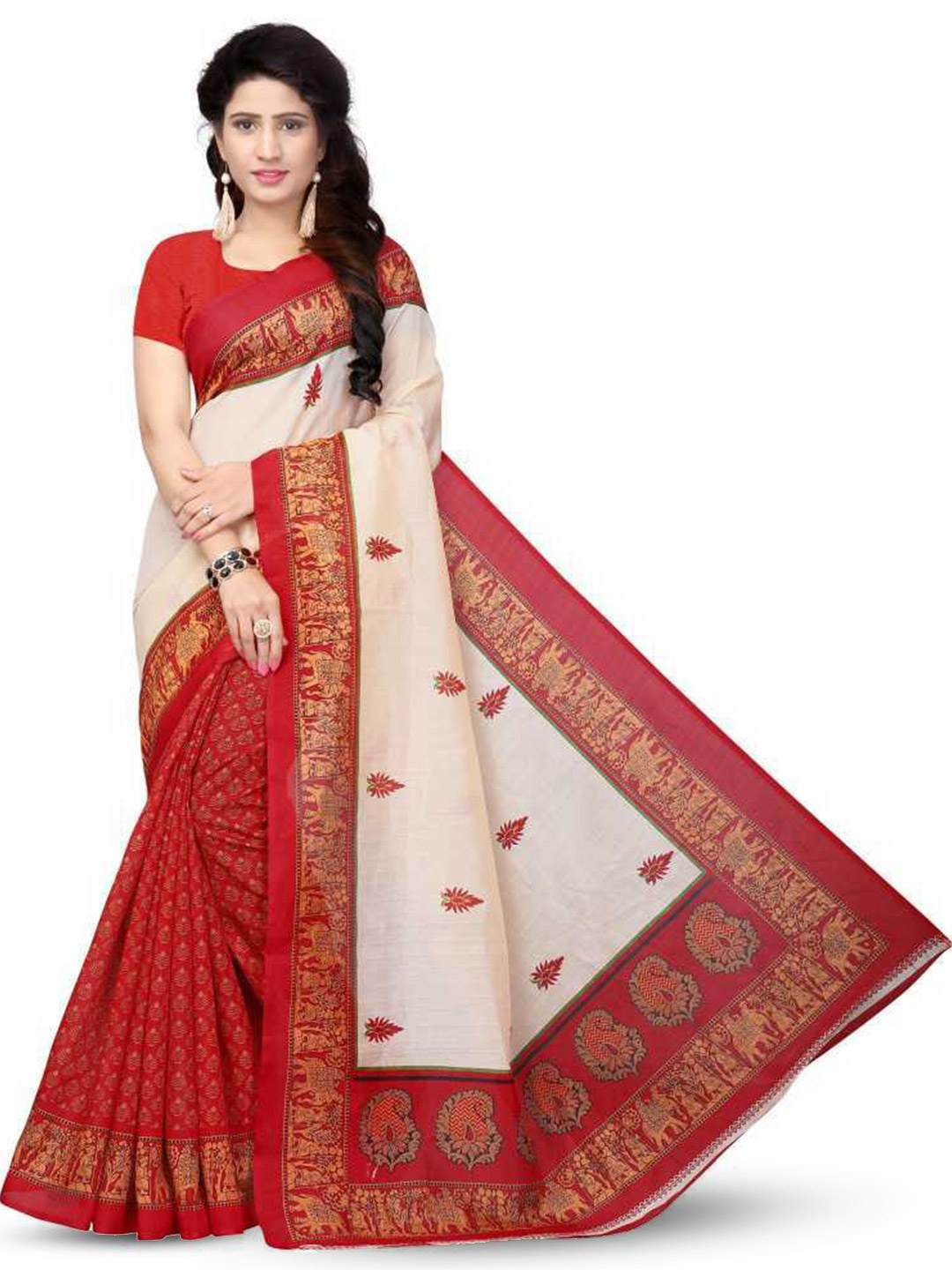 

Mitera Cream-Coloured & Red Ethnic Motifs Printed Saree