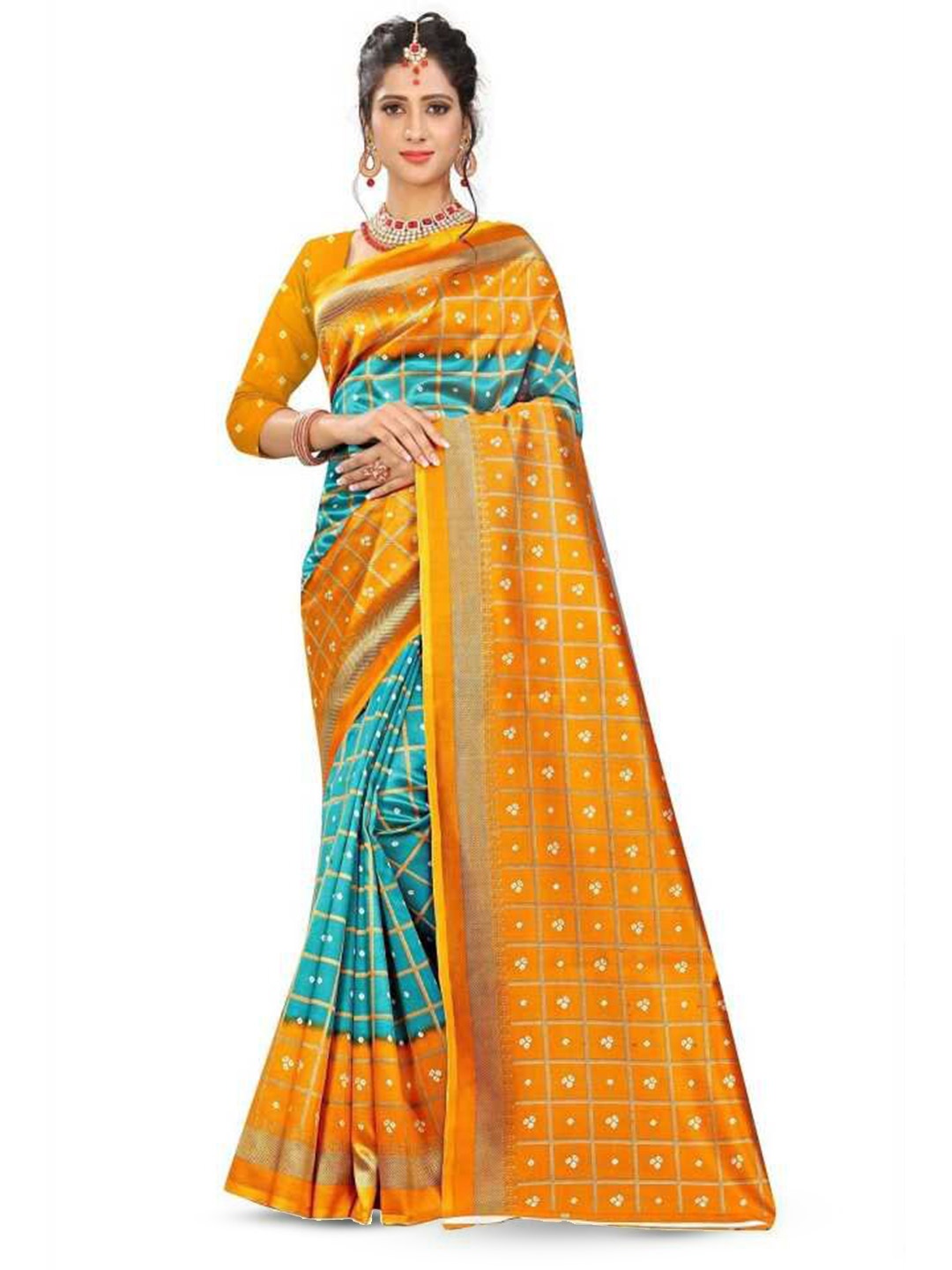 

Mitera Blue Checked Art Silk Banarasi Saree