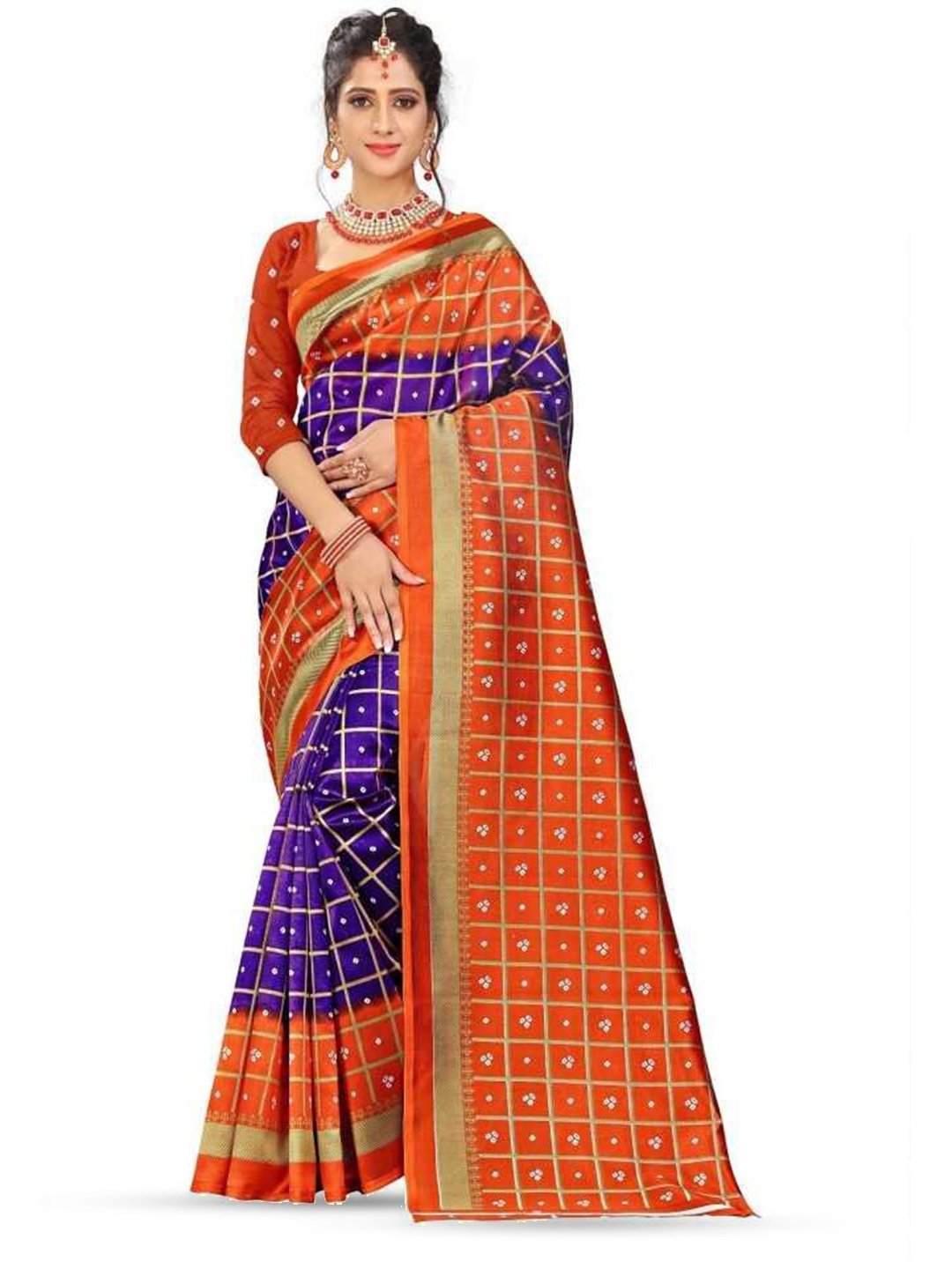 

Mitera Woven Design Checked Art Silk Banarasi Saree, Orange