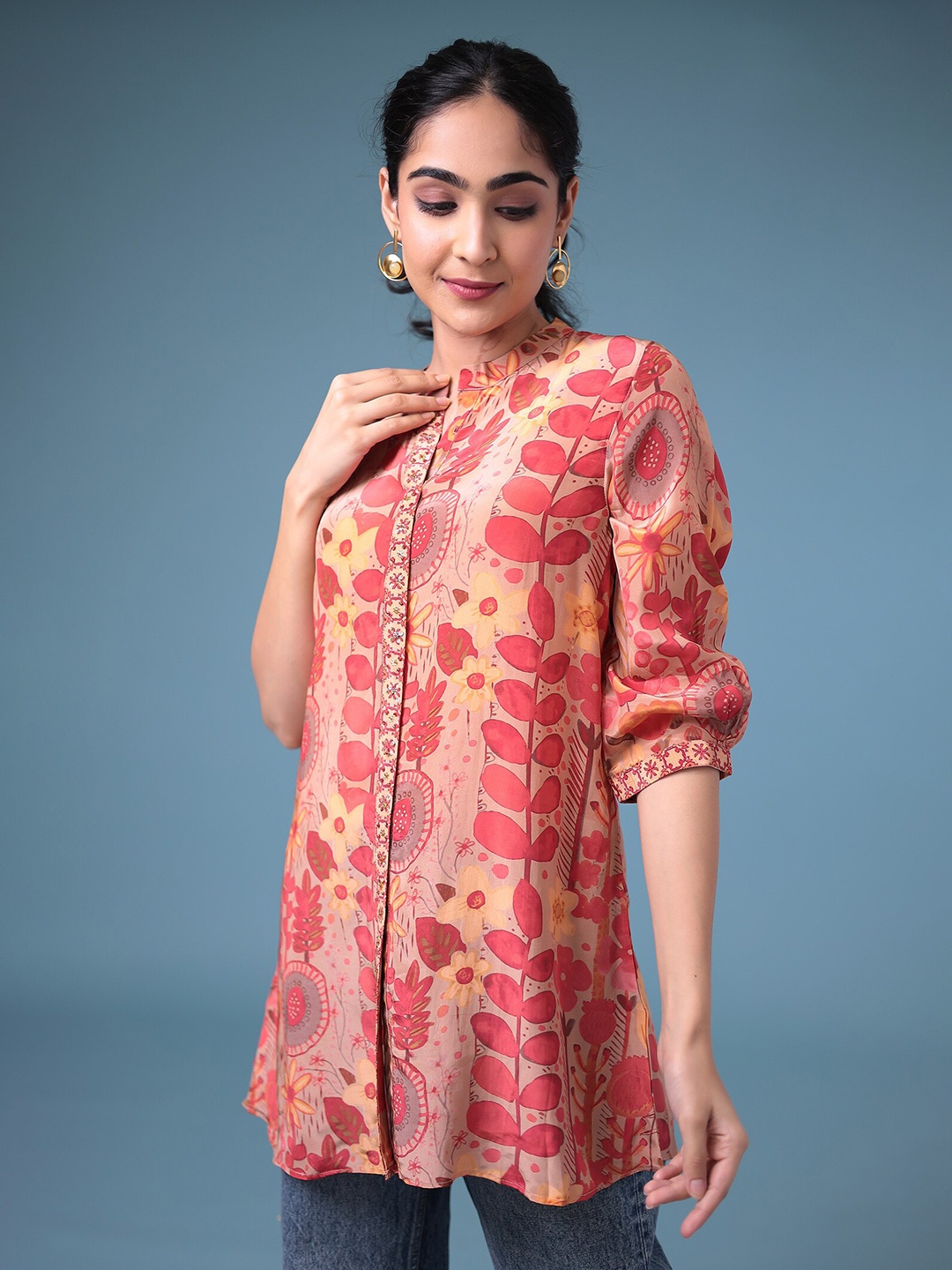 

ZARI Floral Printed Mandarin Collar Modal Tunic, Red